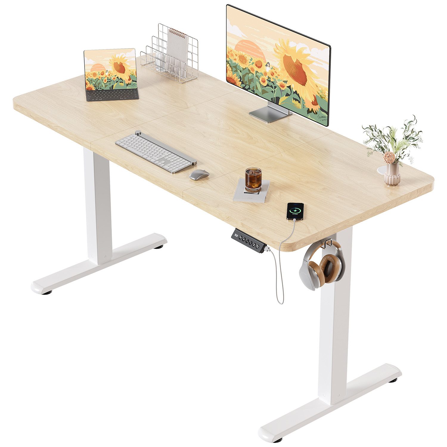 HOMALL Schreibtisch Schreibtisch Höhenverstellbarer mit Gedächtnis und Sitzerinnerung (2-lagige Höhenverstellung mit sitzender Erinnerungsfunktion und USB-Ladeanschluss)