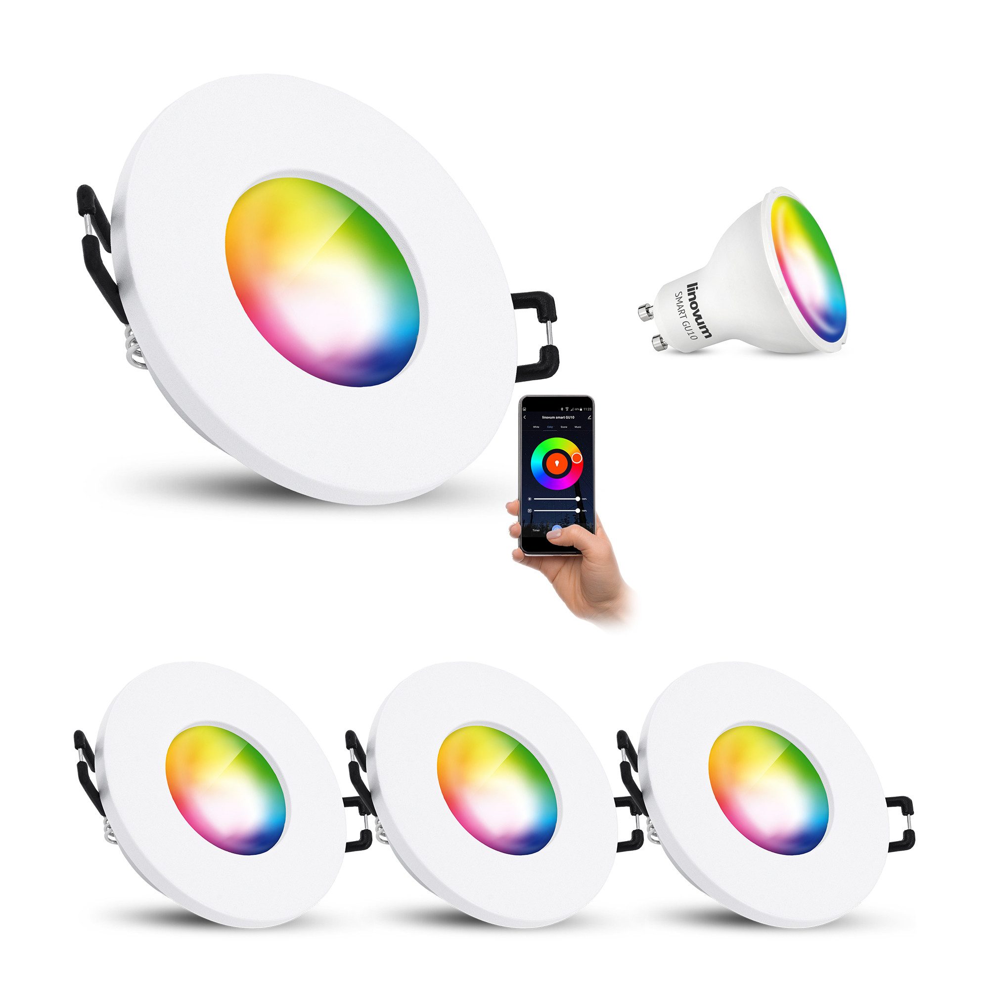 linovum LED Außen-Deckenleuchte 4x ISAWO Einbau Deckenstrahler IP65 weiß SMART GU10 4W Deckenspot, Smart