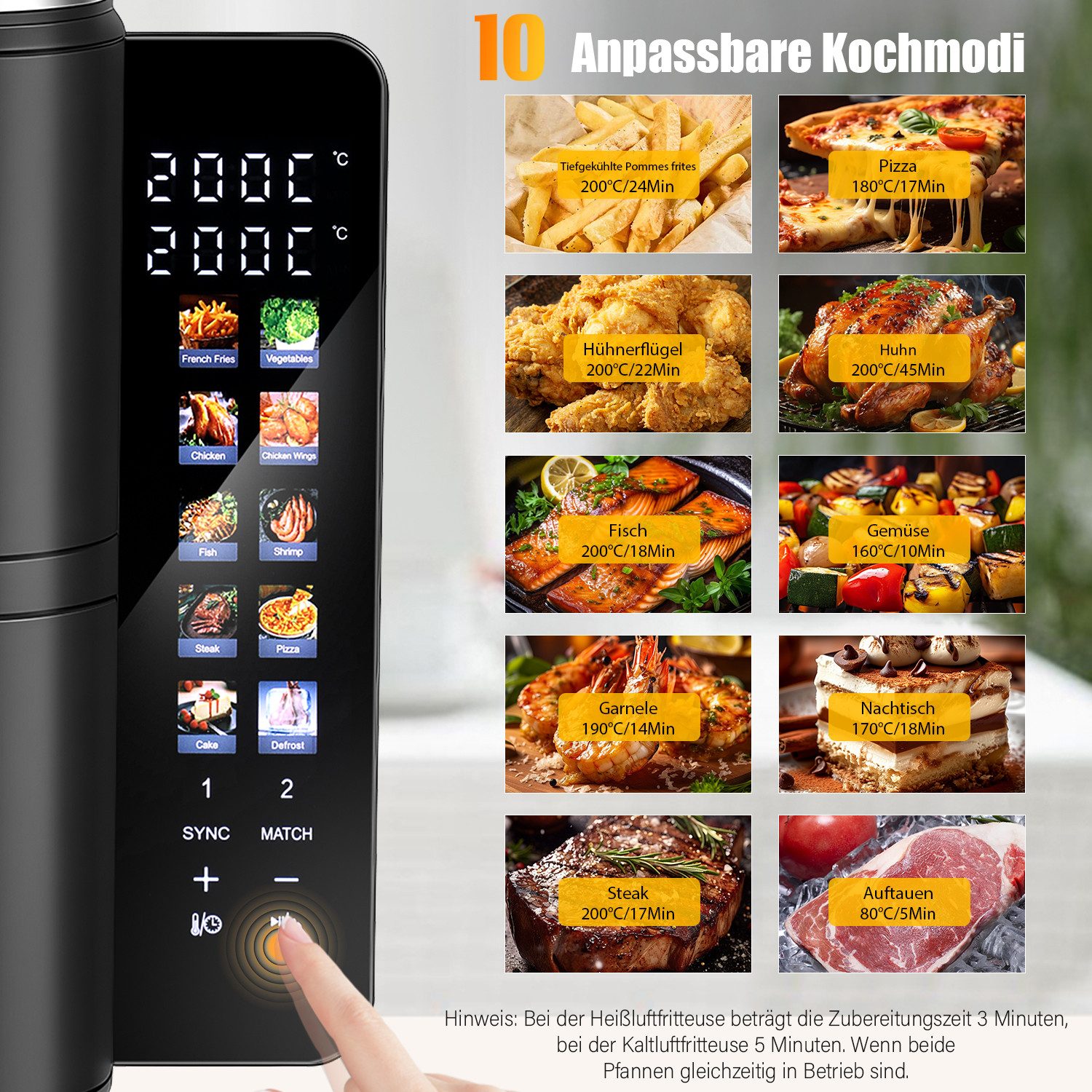 oyajia Heißluftfritteuse Heißluftfritteuse Doppelkammer, 11 Liter DUAL ZONE, Sichtfenster, mit Beleuchtung, 4 Kochstufen, 2 Körben, 2 Rosten, platzsparendes Design, 10 Kochfunktionen, 2800,00 W, Faltbares Digitales Farbdisplay, Synchro-Funktion