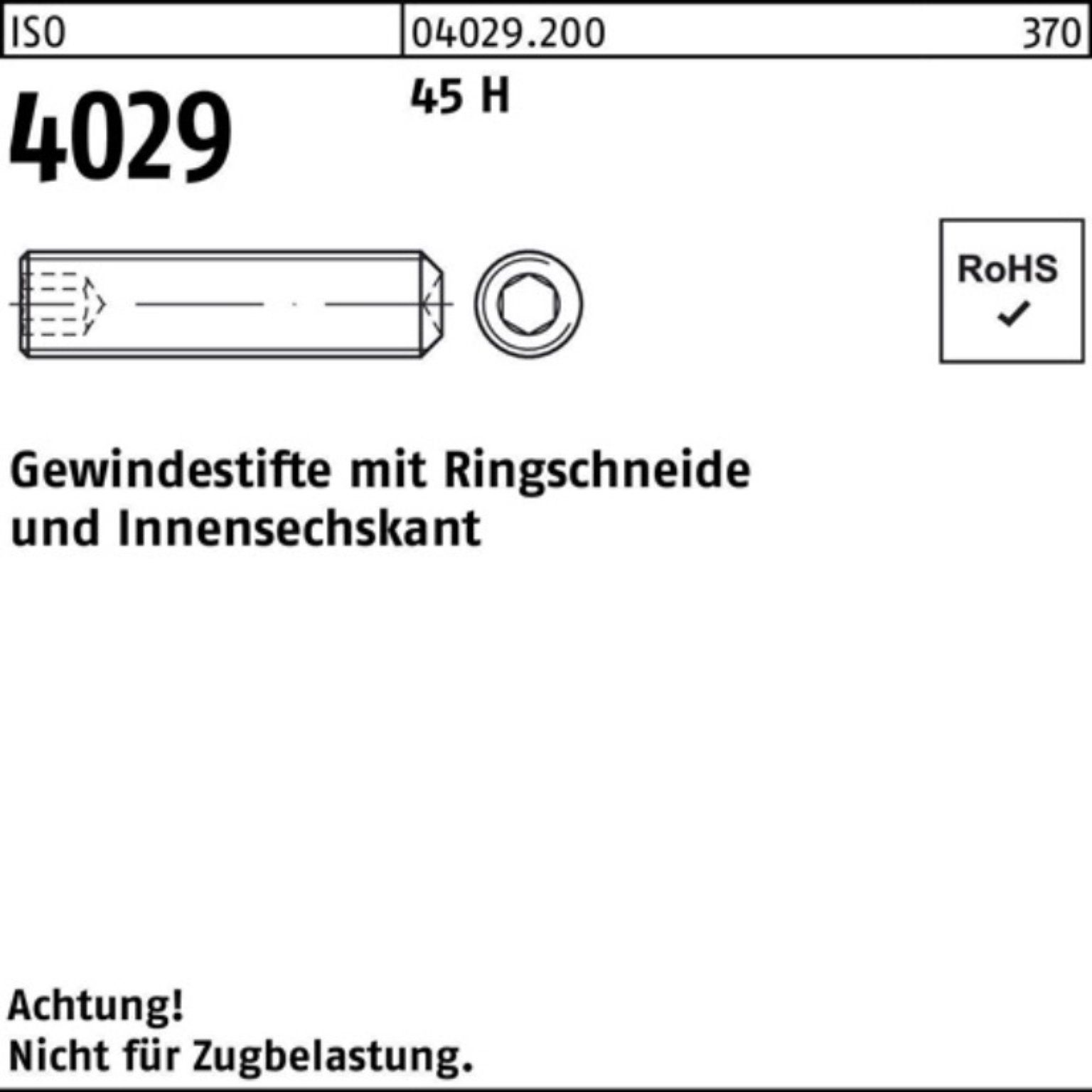 Rodung Reyher Gewindebolzen 100er Pack Ringschneide/Innen-6kt 1 4029 Gewindestift H ISO M14x 45 30