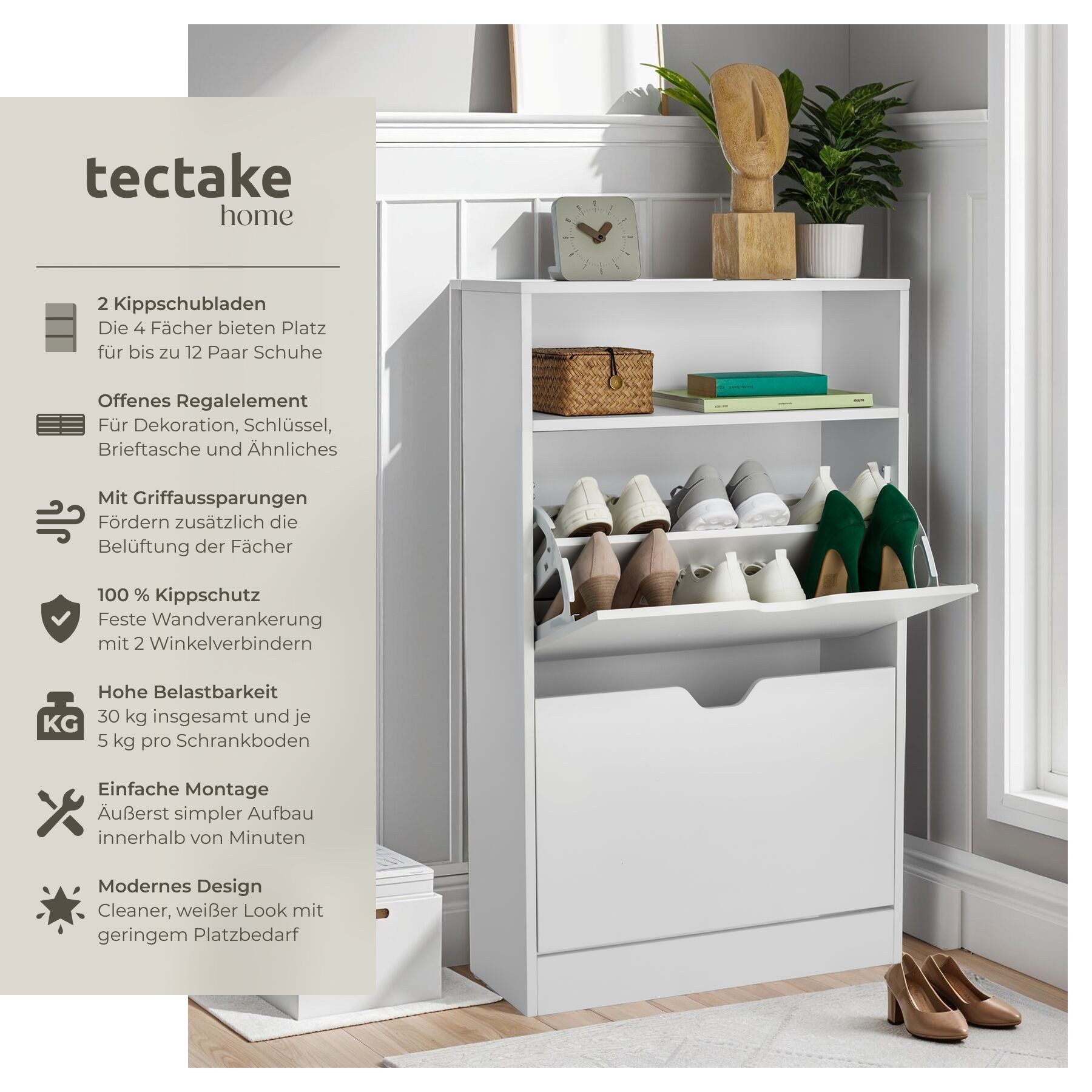 tectake Schuhschrank Schuhregal Calea mit 2 Kippfächern für 12 Paar Schuhe günstig online kaufen