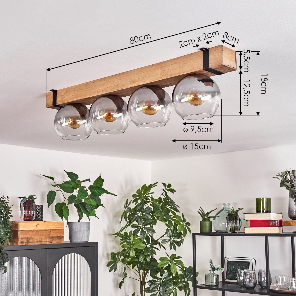 u. aus Glaskugeln in Leuchtmittel, Schwarz/Natur/Rauchfarben/Klar, 4x Holzbalken Ø15cm, ohne ohne E27, Metall/Holz/Glas hofstein Deckenleuchte Deckenlampe Leuchtmittel 80cm