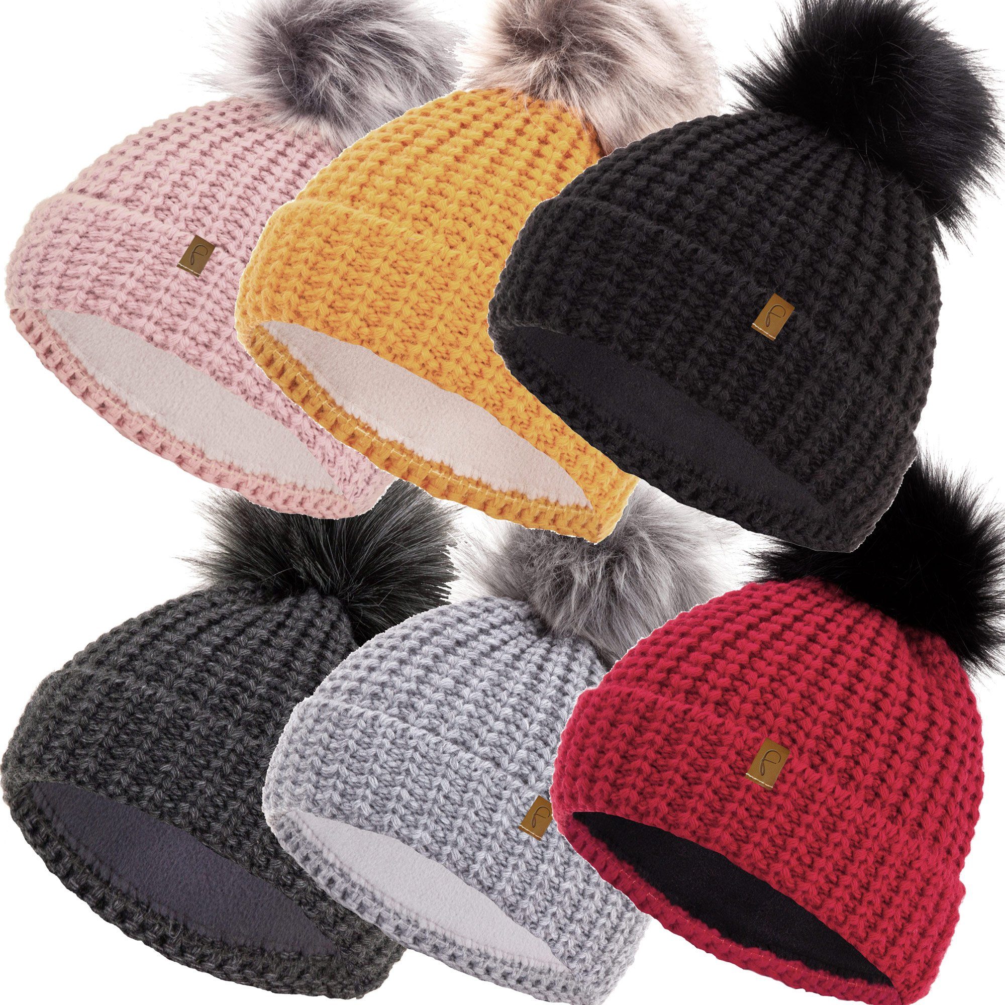 Winter compagno Beanie Strickmütze Mütze Haube Damen Bommelmütze gefüttert senf Wintermütze