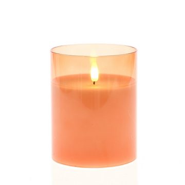 MARELIDA LED-Kerze Windlicht im Glas Echtwachs flackernd Timer H: 12,5cm rund orange