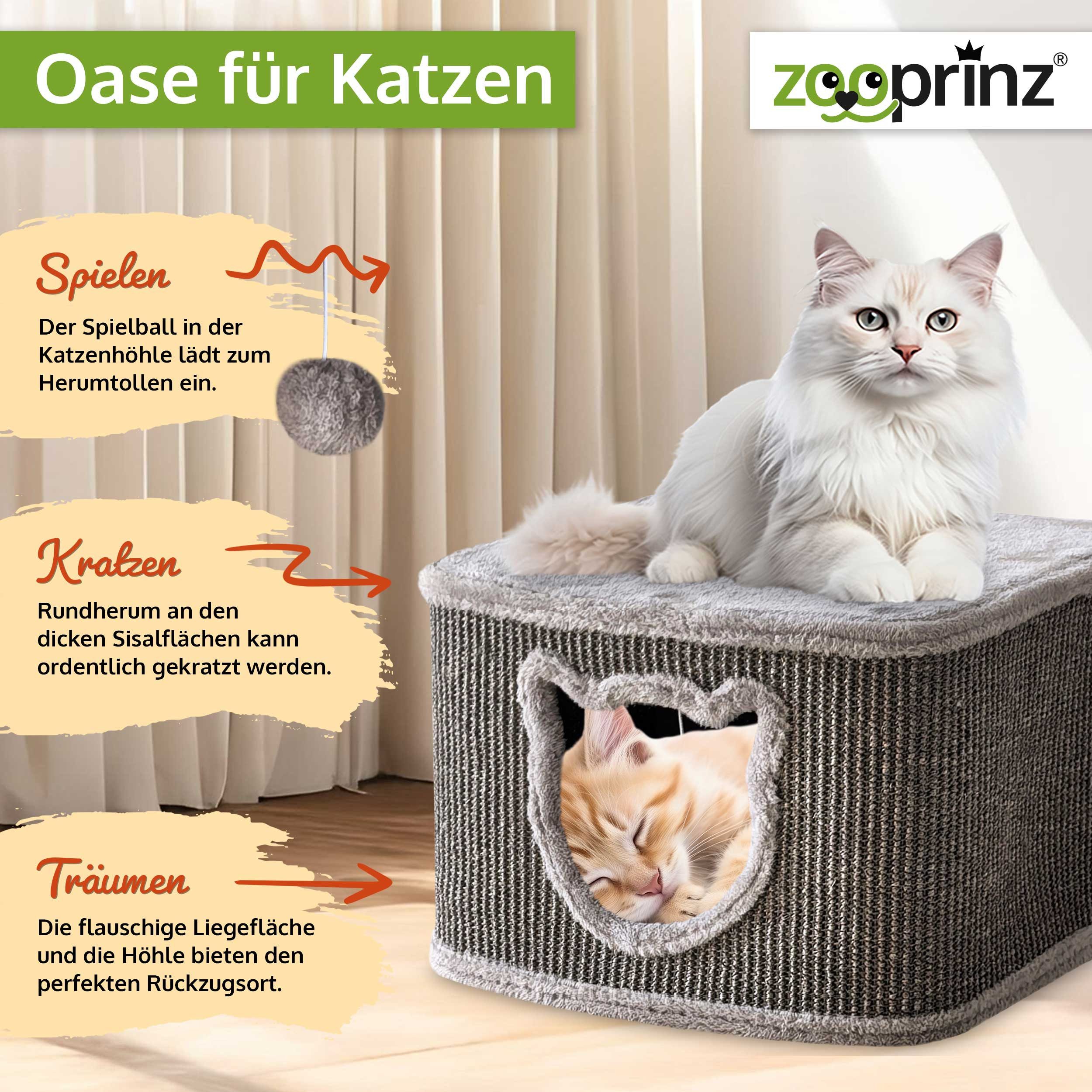 Zooprinz Katzenhaus Indoor aus Sisal mit Spielball, Plüsch, 40 × 40 × 27 cm, Modernes Design