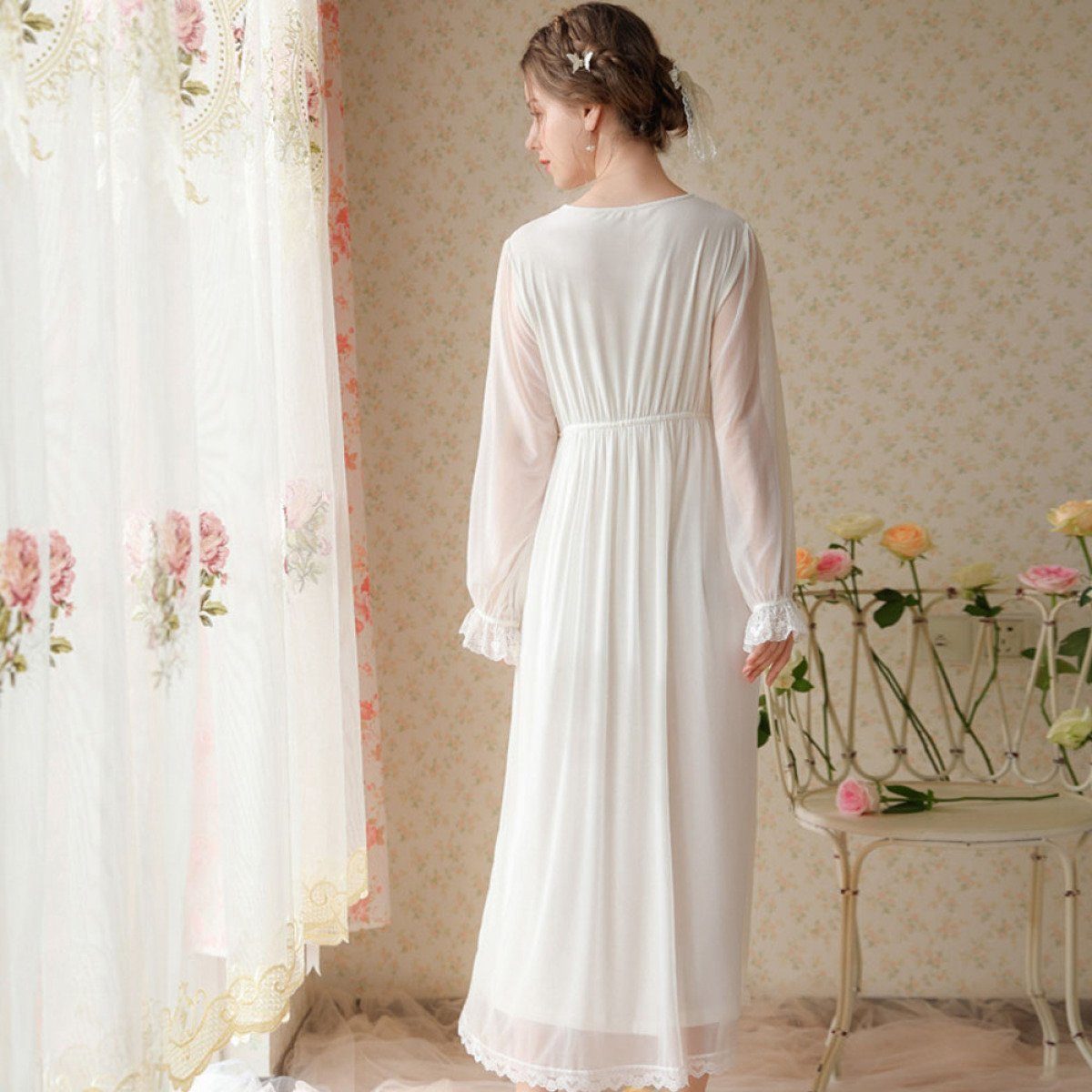 Juoungle Nachthemd Nachthemden für Damen Langes Schlafanzug, Langarm Weiß, Nachthemd M