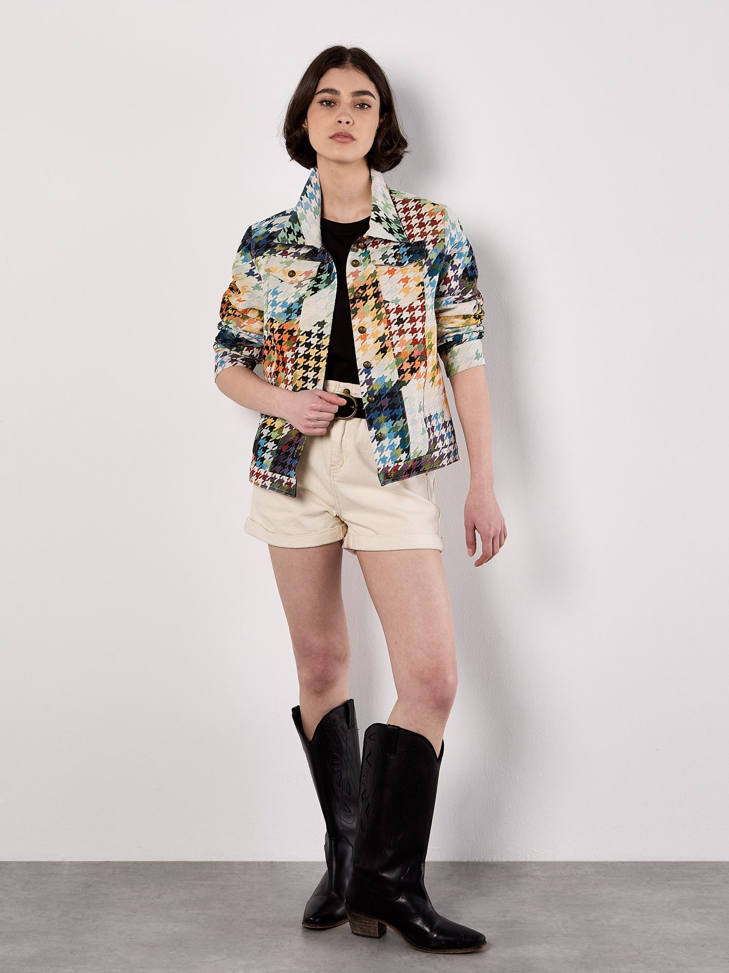 Apricot Kurzjacke Farbenfrohe Jacke mit Hahnentrittmuster Knopfleiste