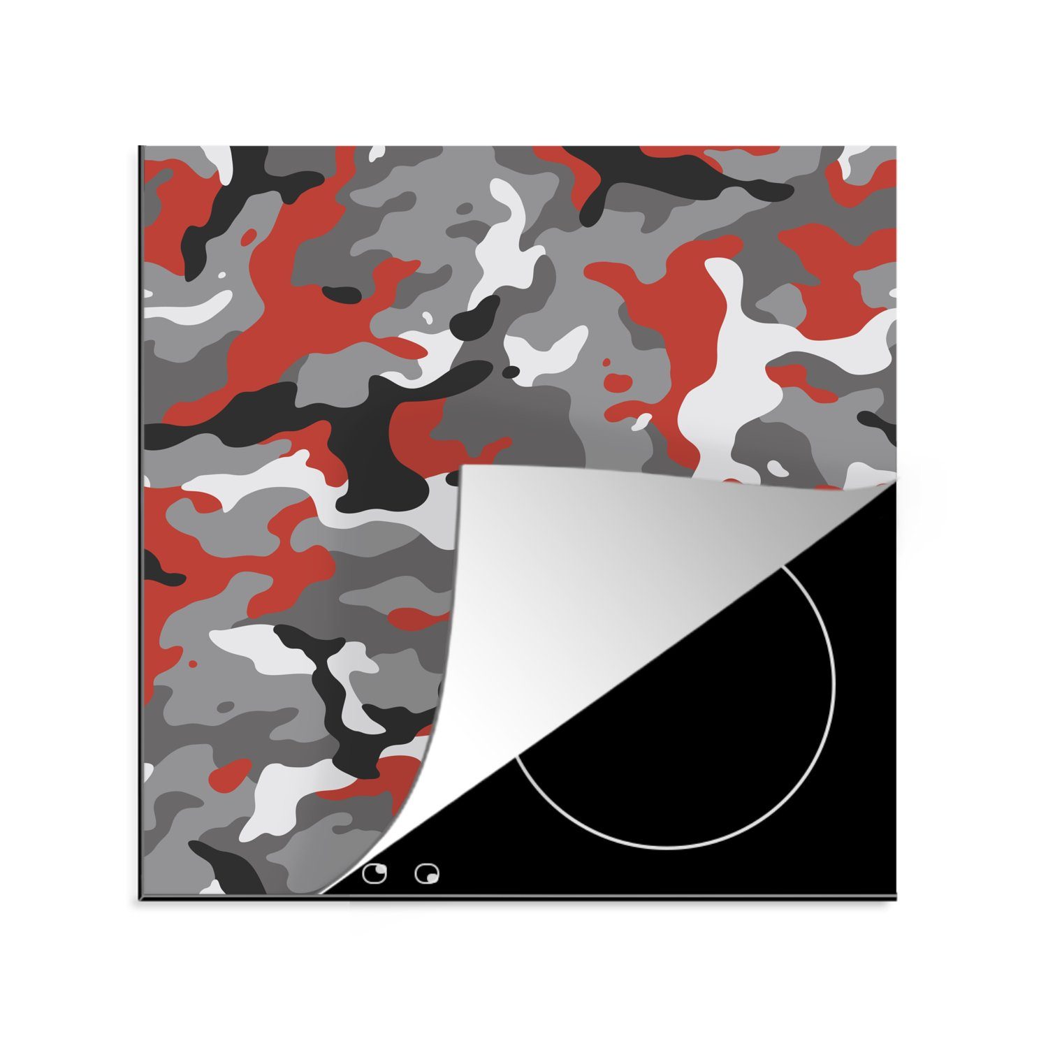 MuchoWow Herdblende-/Abdeckplatte Camouflage-Muster mit roten Akzenten, Vinyl, (1 tlg), 78x78 cm, Ceranfeldabdeckung, Arbeitsplatte für küche