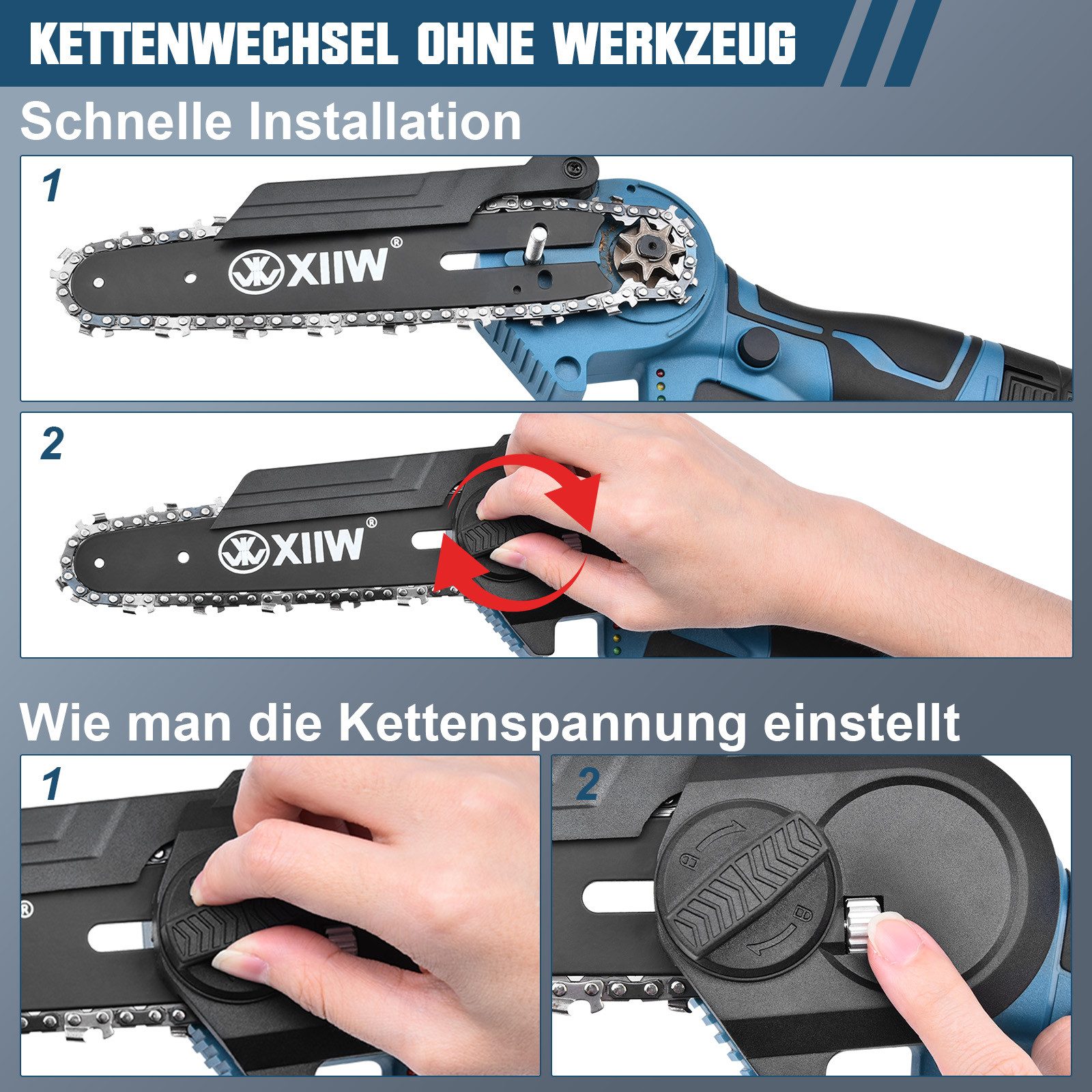 XIIW Akku-Kettensäge 4+6 Zoll Kabellose Elektrokettensäge Mini Astsäge Handkettensäge, für Äste 2-10cm, 2-tlg., für Gartenscheren Astschere Holzschneidenz