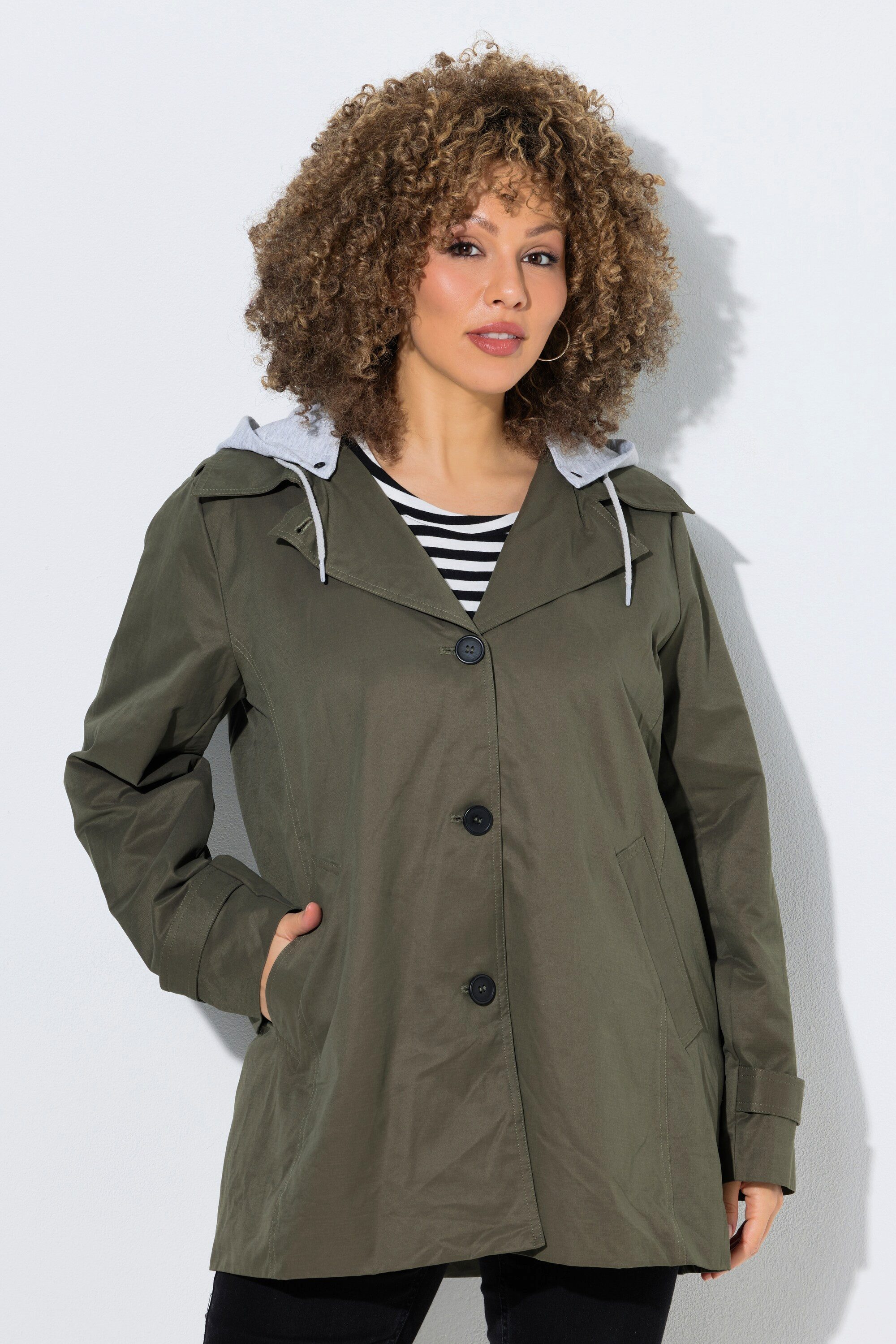 Ulla Popken Trenchcoat Trenchcoat Jersey-Kapuze A-Linie Streifenfutter