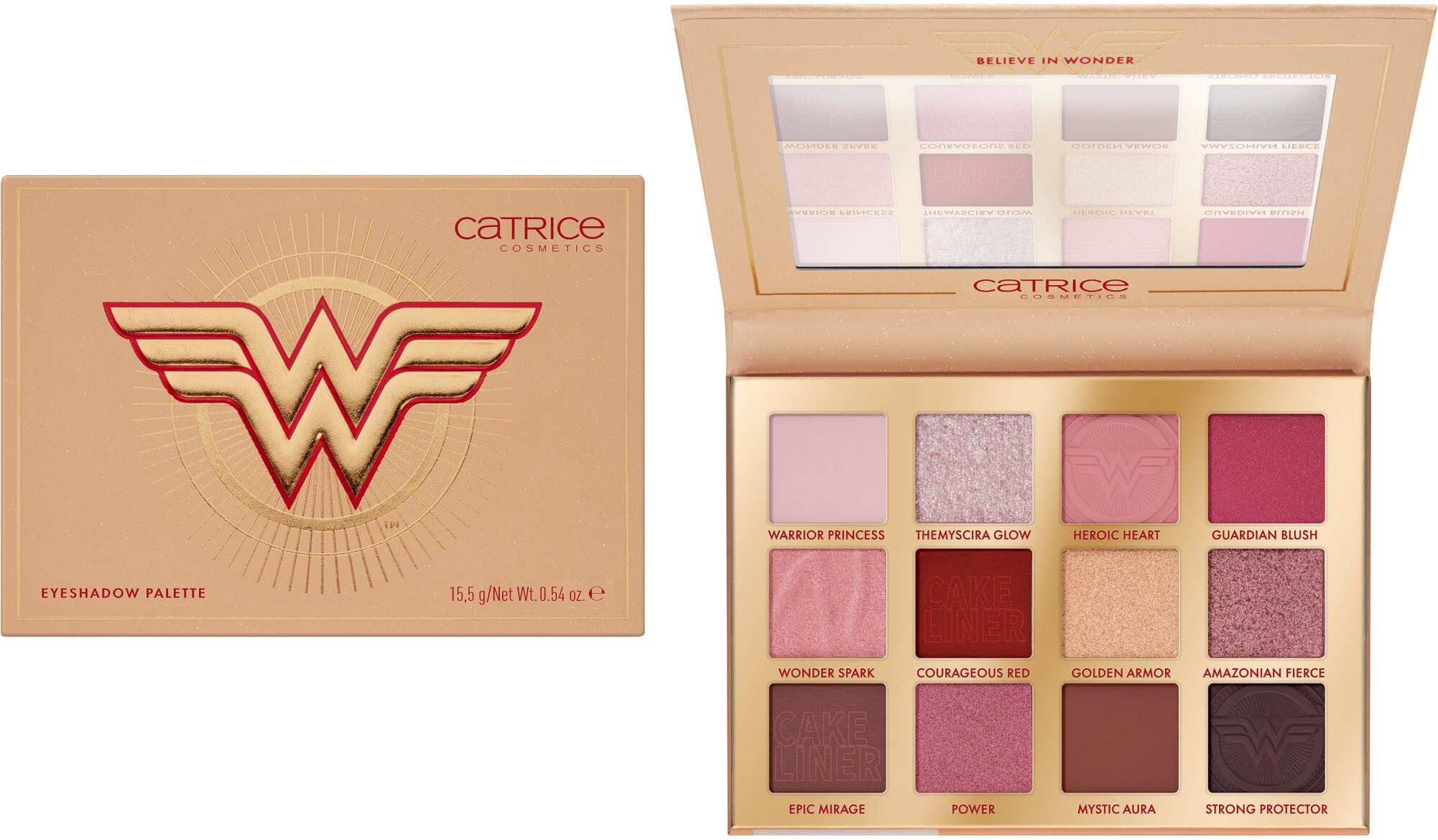 Catrice Lidschatten-Palette Wonder Woman Eyeshadow Palette, Hochpigmentiert mit matten, schimmernden und metallischen Texturen.