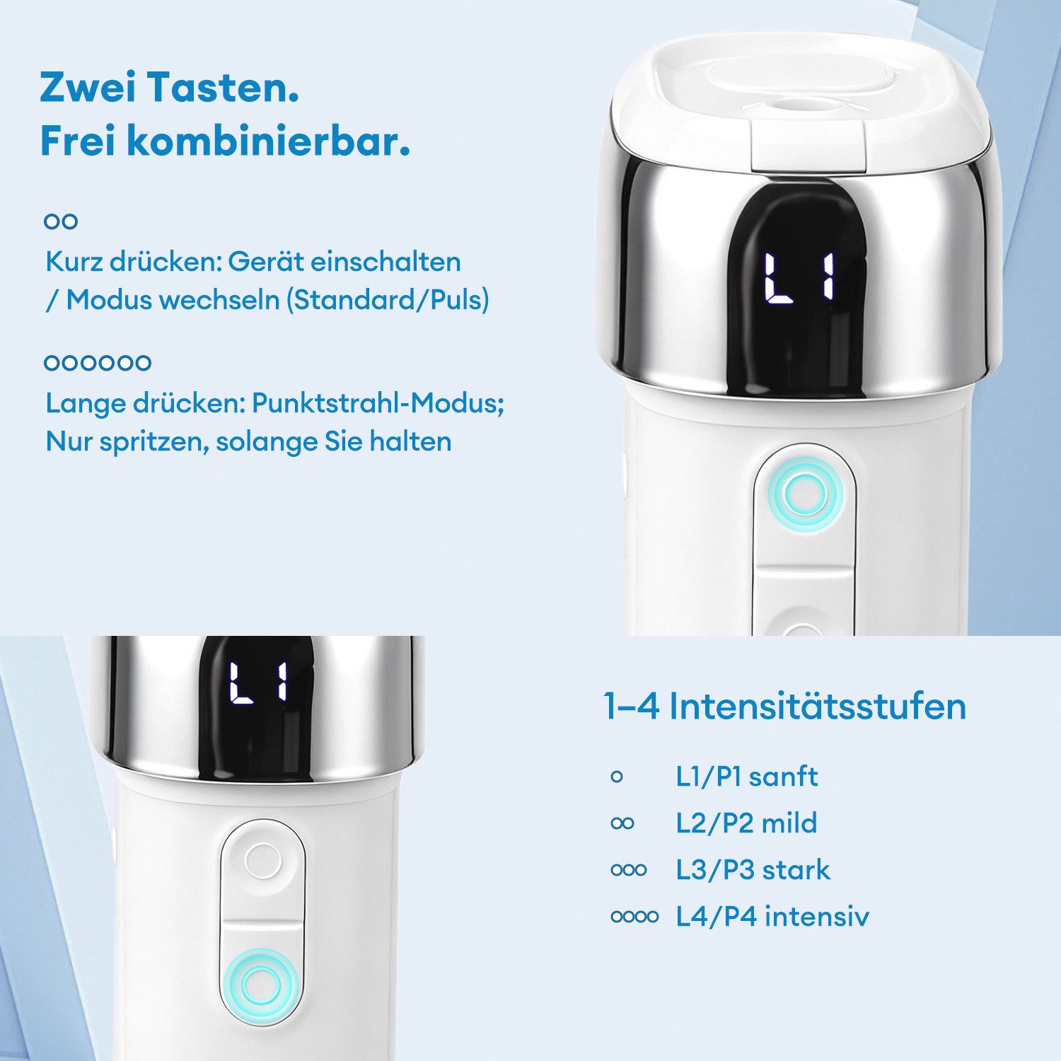 CkeyiN Munddusche Zahnzwischenraumreiniger Tragbar 3 Modi 4 Stärke IPX7 UVC-Desinfektion, Aufsätze: 5 St., 200ml versenkbarer Wassertank Reise Wasserzahnseide Speicherfunktion