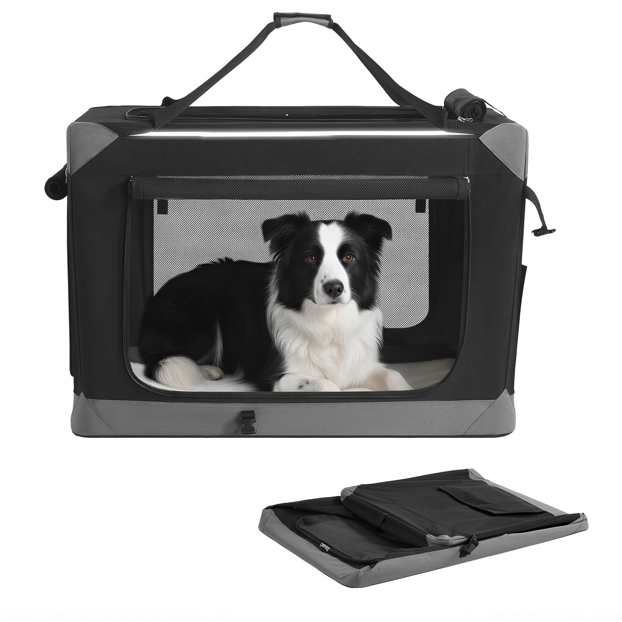 FEANDREA Hunde-Transportbox, Hundebox faltbar, tragbar, Oxford-Gewebe, mit Griffen und Seitenfach