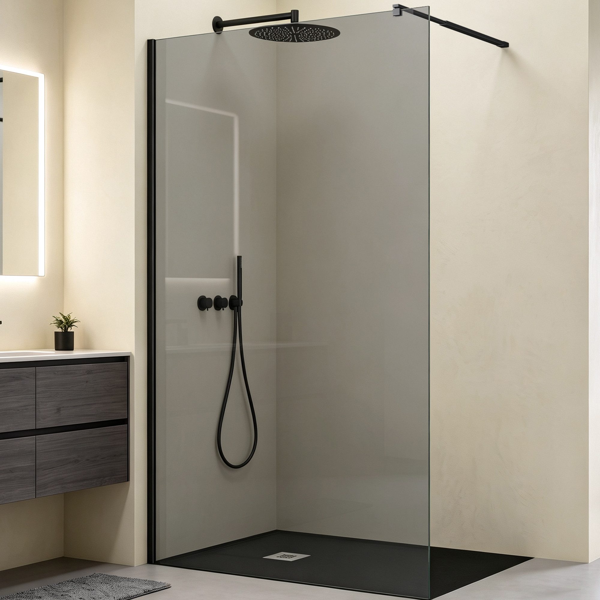 Mai & Mai Duschwand Walk-In Dusche Duschabtrennung Schwarz Profil Glas Nano Glas, Einscheibensicherheitsglas