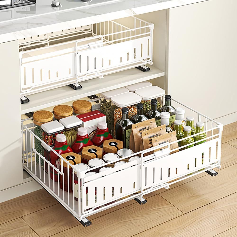 BlingBin Küchenorganizer-Set Teleskopschublade Ausziehbare Schublade Küche Organizer Schrankkorb, (2 Stück, 2-tlg., ohne Bohren für Küche Küchenschränke, Bad, Zimmern und Abstellräumen), 39x16.5x32.5-49.5 CM,Pull Out Cabinet Drawer mit Kleber