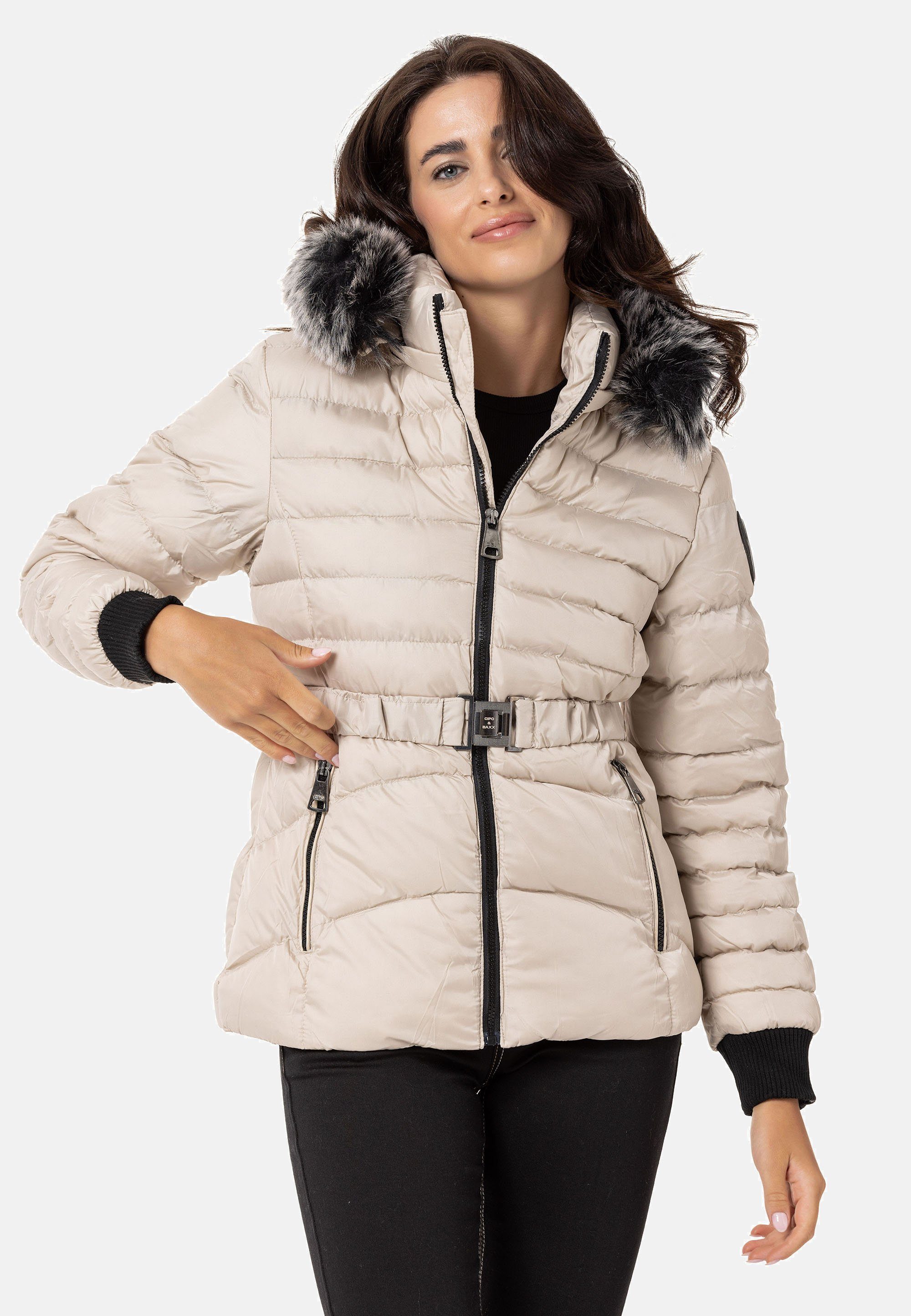 Cipo & Baxx Steppjacke Mit warmem Kunstfellkragen beige