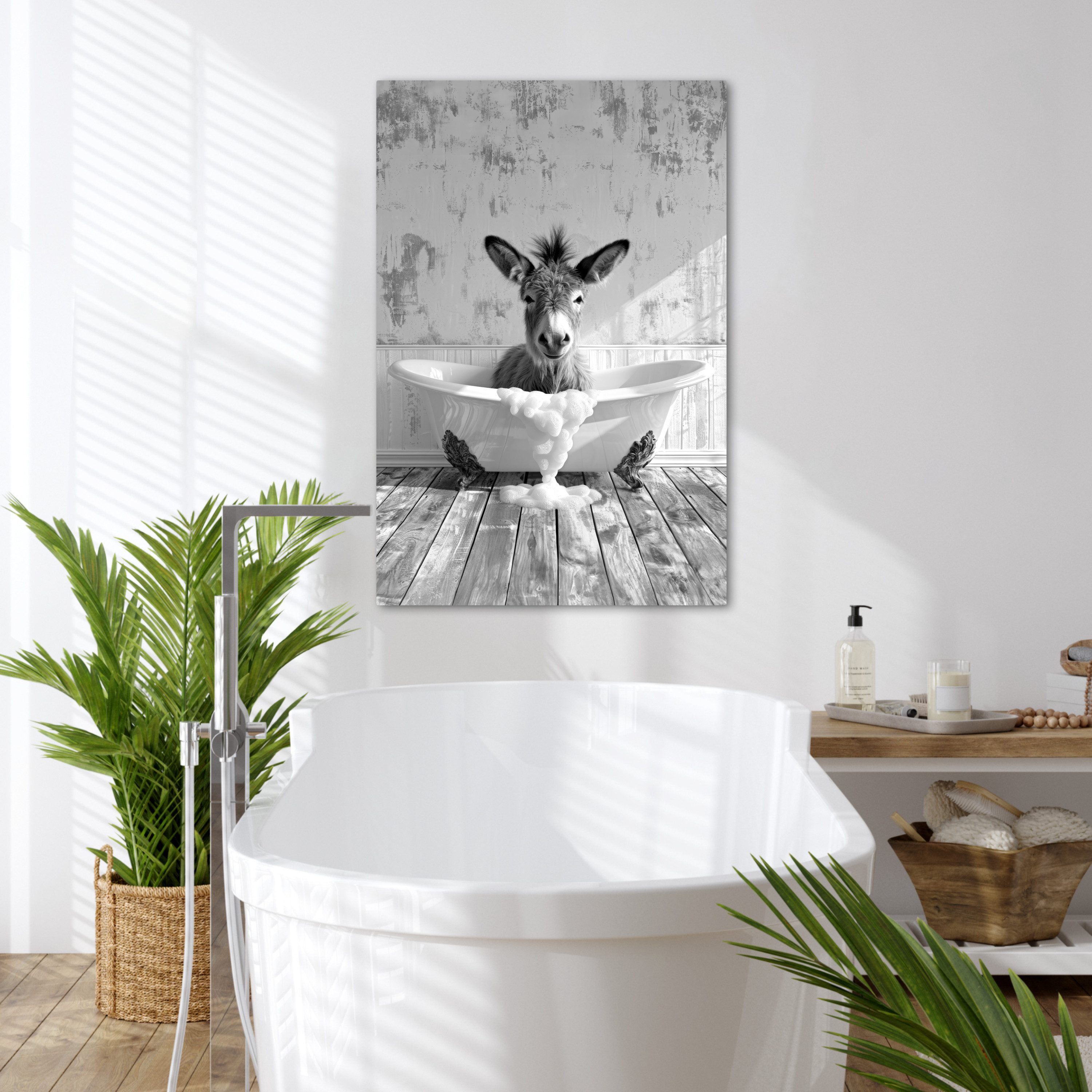OneMillionCanvasses® Leinwandbild Esel - Tier - Vintage - Badewanne - Schwarz - Weiß, Fotodruck (1 St), Badezimmer Deko, Bilder WC, Toilette Wanddeko 60x90 cm