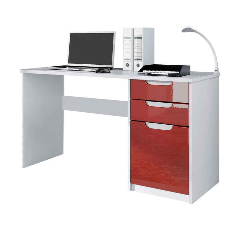 Vladon Schreibtisch Logan (Bürotisch, mit 2 Schubladen und 1 Tür), Weiß matt/Bordeaux Hochglanz (129 x 76 x 60 cm)