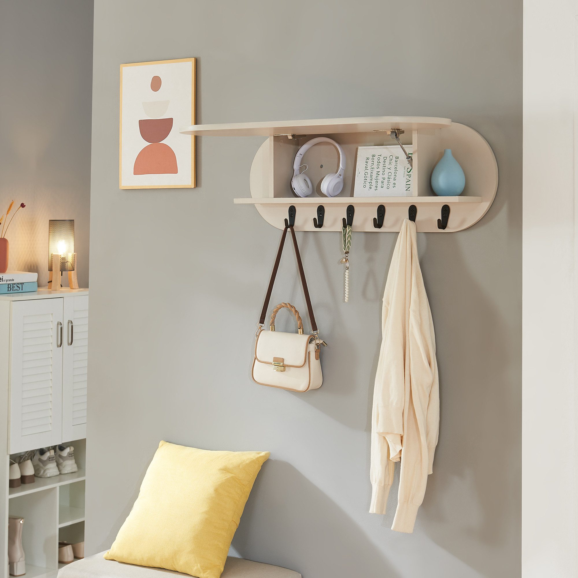 en.casa Wandgarderobe, »Vilkön« mit Ablagefach 6 Haken 80x16x30 cm Beige günstig online kaufen