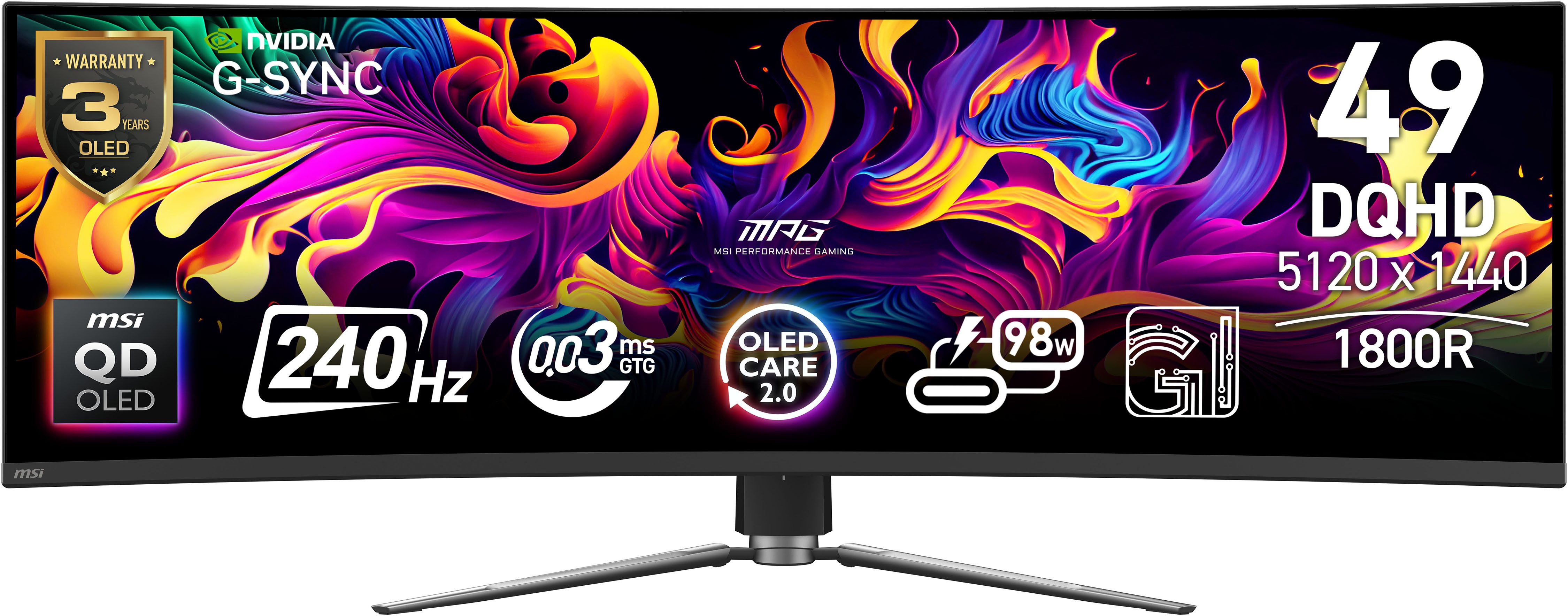 MSI MPG 491CQPX QD-OLED Curved-OLED-Monitor (125 cm/49 ", 5120 x 1440 px, DQHD, 0,03 ms Reaktionszeit, 240 Hz, QD-OLED)