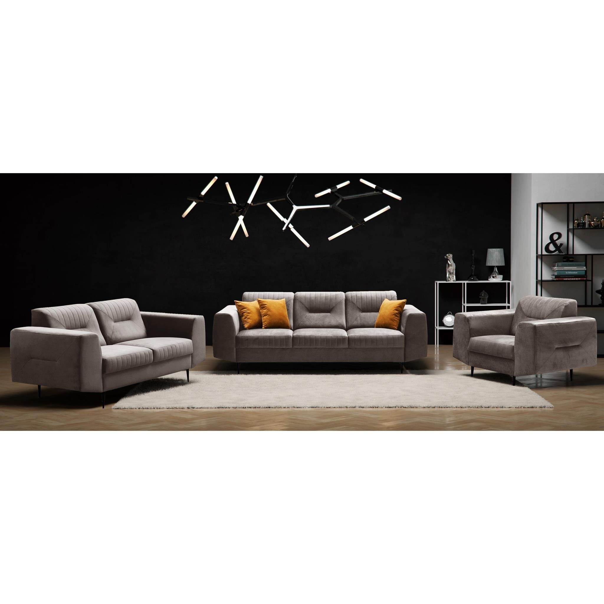 Beautysofa Polstergarnitur VENEZIA, (Sessel + 2-Sitzer Sofa + 3-Sitzer Sofa im modernes Design), mit Metallbeine, Couchgarnituren aus Velours Cappucino (bluvel 40)
