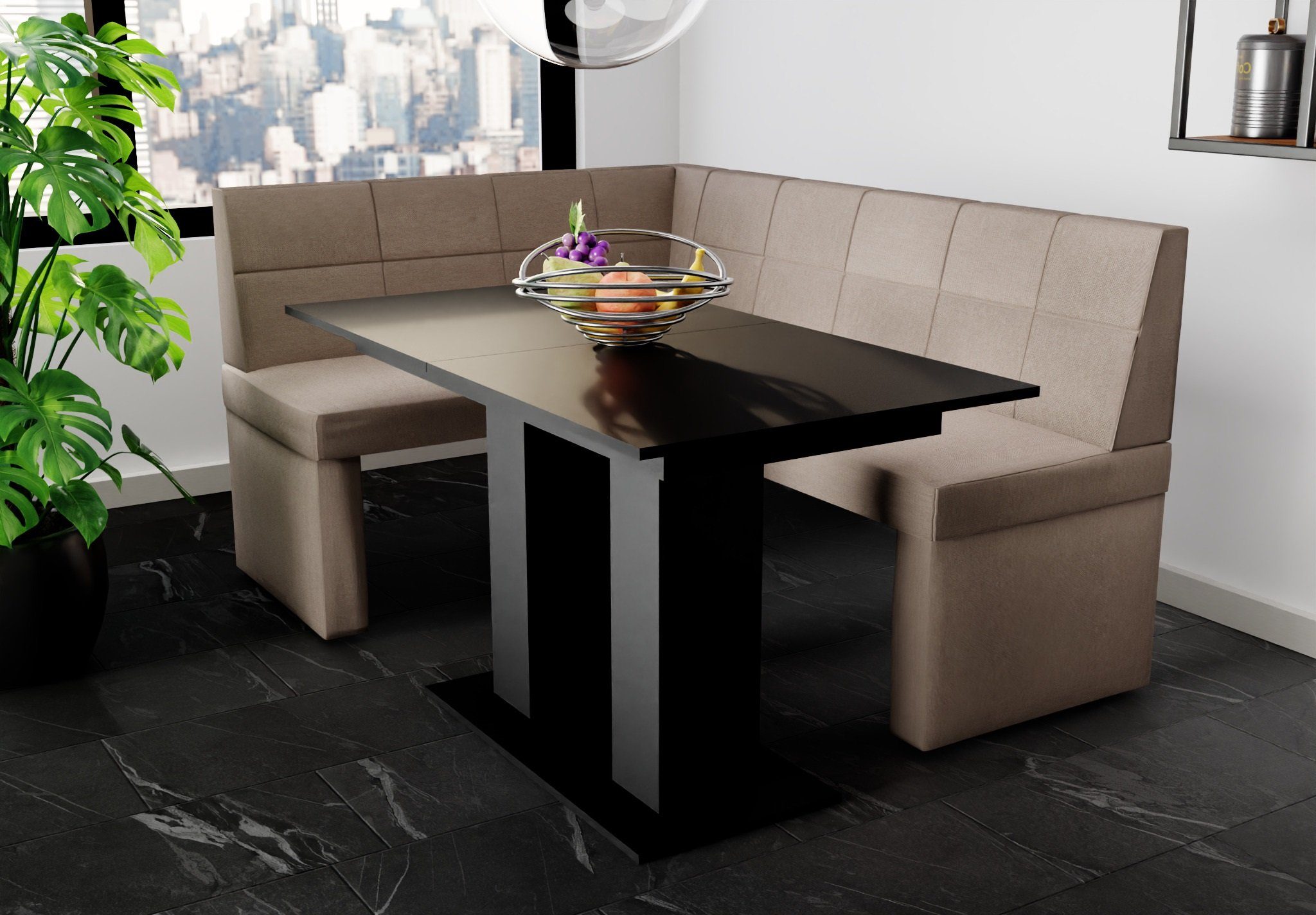 Möbel Schwarz, Eckbankgruppe Tisch 168x128cm Fun mit „BLAKE“ Größe Eckbankgruppe ausziehbarer Tisch