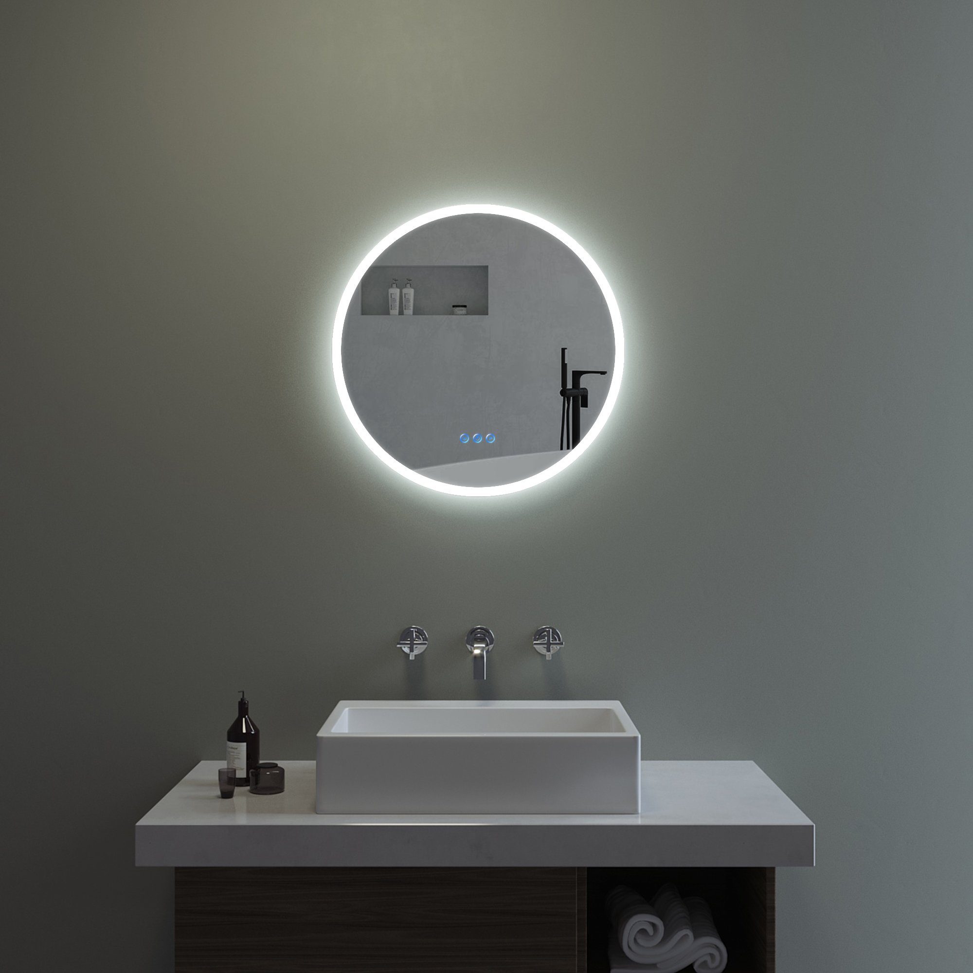AQUABATOS LED-Lichtspiegel Badspiegel mit Beleuchtung Badezimmerspiegel Rund Spiegel 60cm, Kaltweiß 6400K, Warmweiß 3000K, Dimmbar,Antibeschlag, Energiesparend