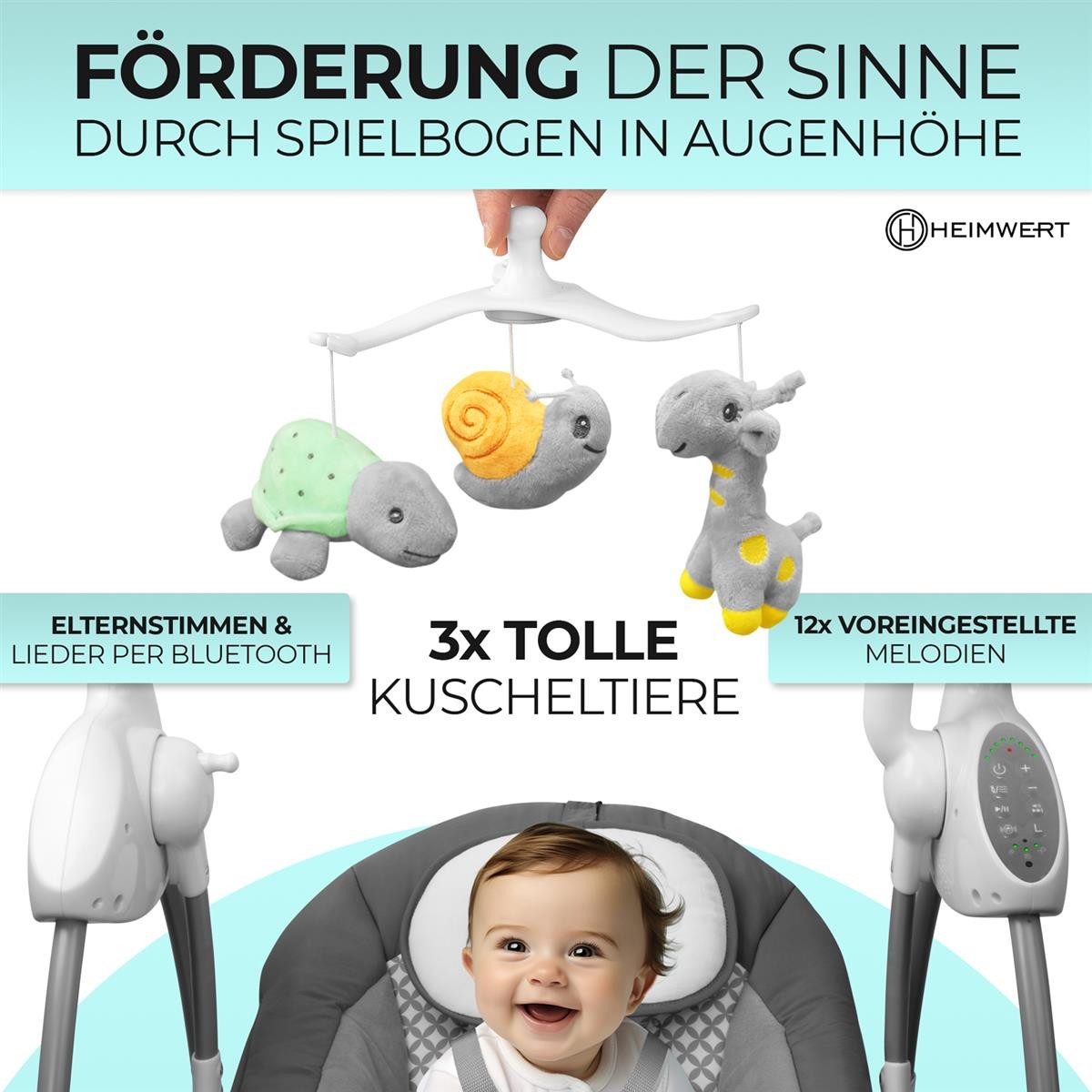 HEIMWERT Baby Swing/Bouncer with Sound, Electric, Remote Control, Easyfold for Easy Transport + Movement Activation