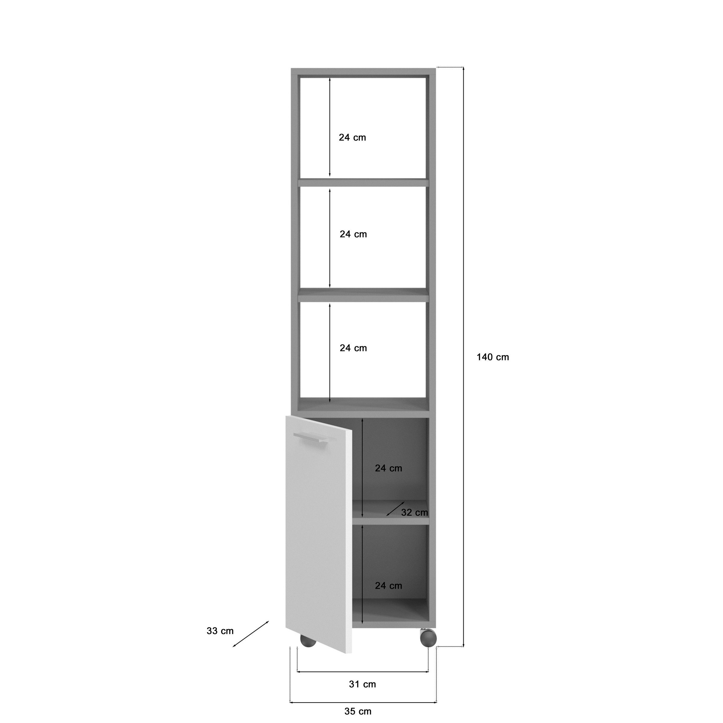 möbelando Beistellwagen grau/weiß in (BxHxT: und Tür 35x140x37 Air, mit Fächern 5 cm), einer