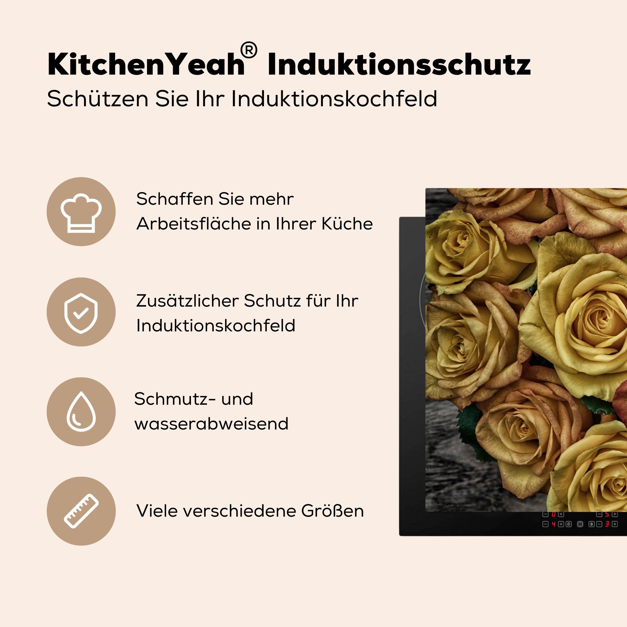MuchoWow Herdblende-/Abdeckplatte Rosen - Gold Ceranfeldabdeckung Schutz (1 - Braun die Induktionskochfeld Vinyl, Blumenstrauß, tlg), 81x52 cm, für - küche