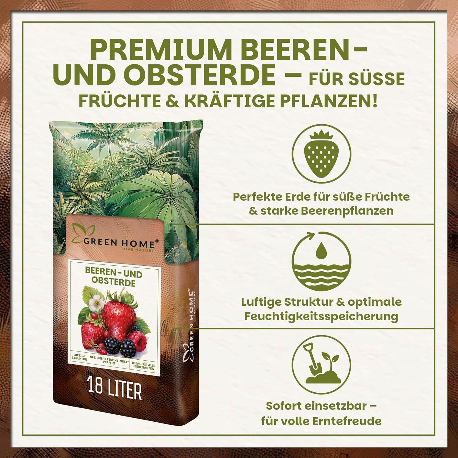 GREEN HOME LOVE NATURE Spezialerde Beerenobst Erde – Substrat für Erdbeeren, Obst- und Beerenpflanzen 18 L, 36 L, 72 L, Bio-Qualität, Perlite, NPK 14-10-18 + CoteN, pH 5,8, Langzeitwirkung