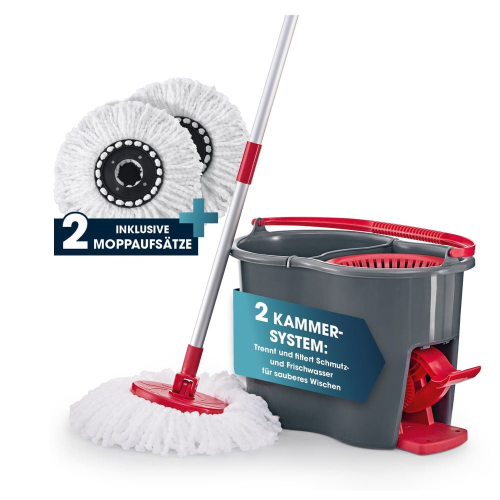 CLEANmaxx Wischmopp Power-Wischmopp Putzset + Mirkofaser Bürstenkopf Aufsatz 2er-Set, Zwei-Kammer-Filtersystem, Bodenwischer-Set, inklusive Fußpedal