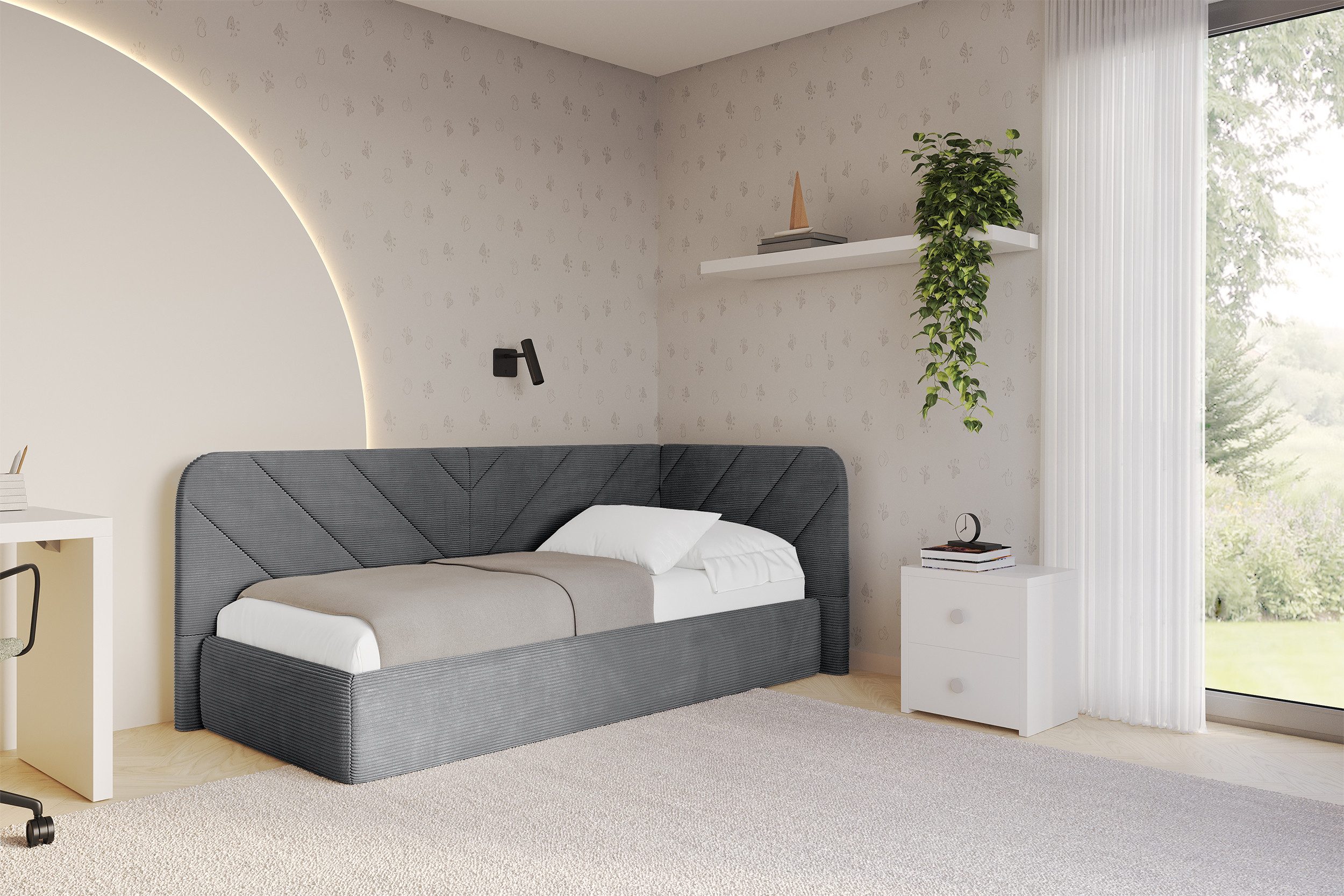 ALTDECOR Jugendbett FIKY (Jugendbett mit Bettkasten und Lattenrost, Polsterbett mit Matratze), Einzelbett mit Stauraum, Bett mit Kopfteil