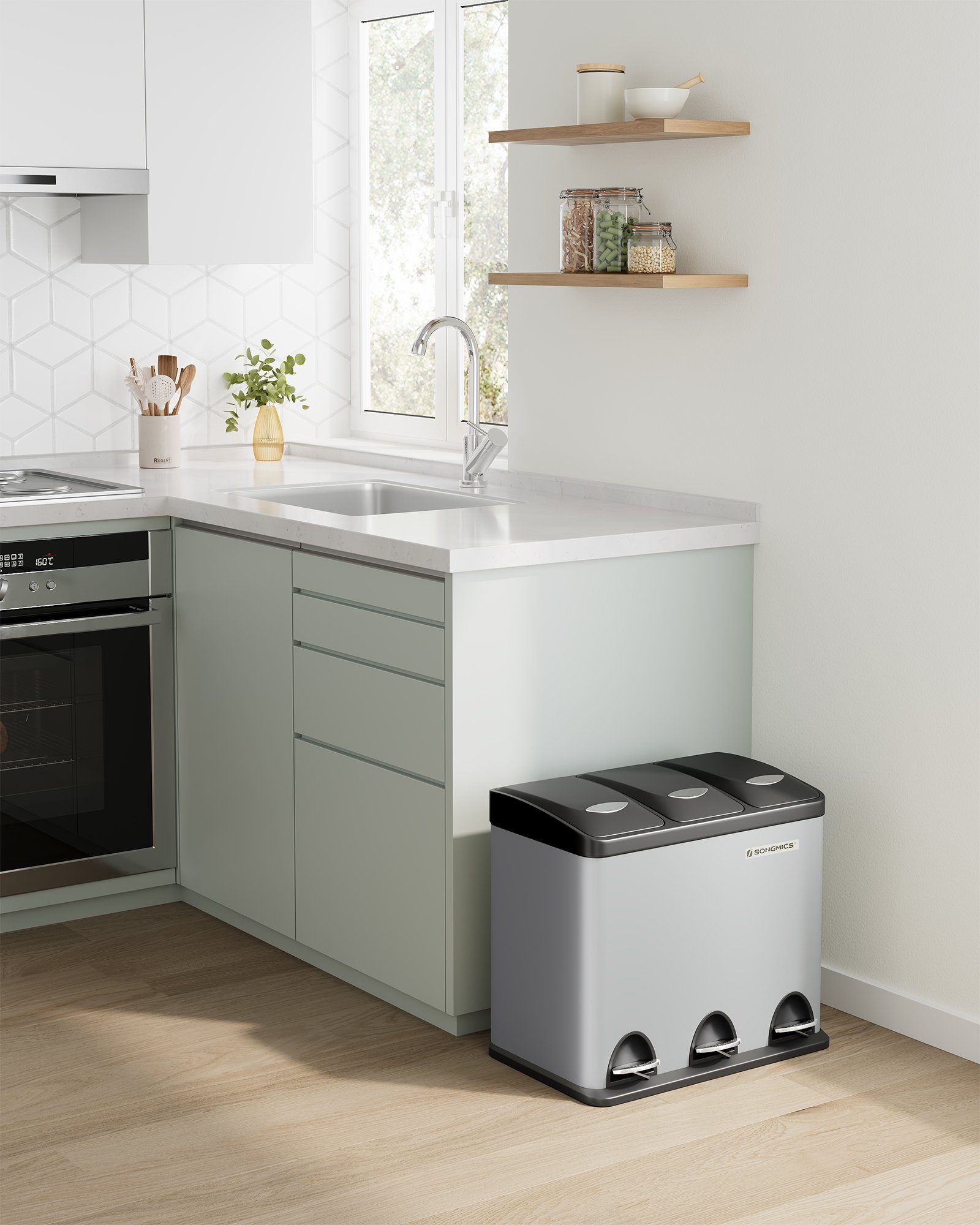 SONGMICS Mülleimer 3x8 L, kleine Kapazität, Mülltrennsystem 3 Fächer, für kleine Familien, Küche, mit Deckel, Stahl-Treteimer, Pedale und Inneneimer, taubengrau
