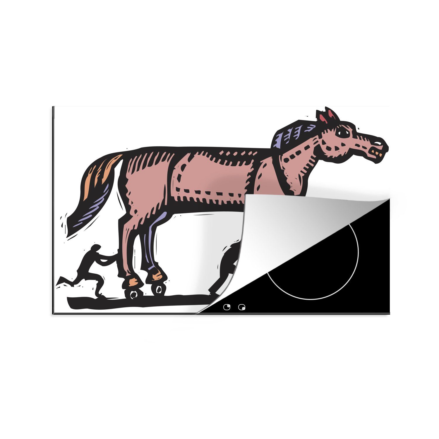 MuchoWow Herdblende-/Abdeckplatte Eine Illustration des Trojanischen Pferdes auf Rädern, Vinyl, (1 tlg), 81x52 cm, Induktionskochfeld Schutz für die küche, Ceranfeldabdeckung