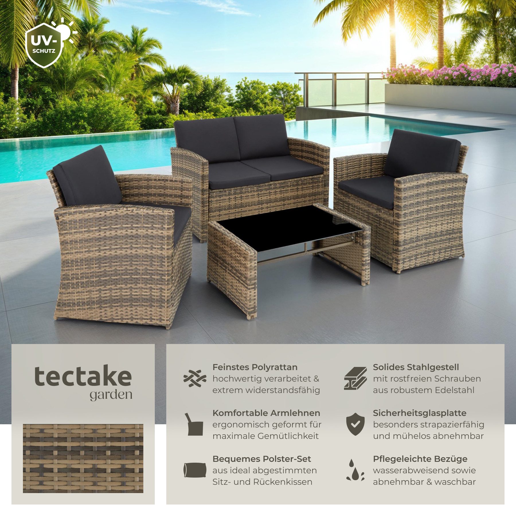 tectake Loungeset Rattan Lounge, (Set., 5-tlg), Robustes Gestell aus Stahl günstig online kaufen