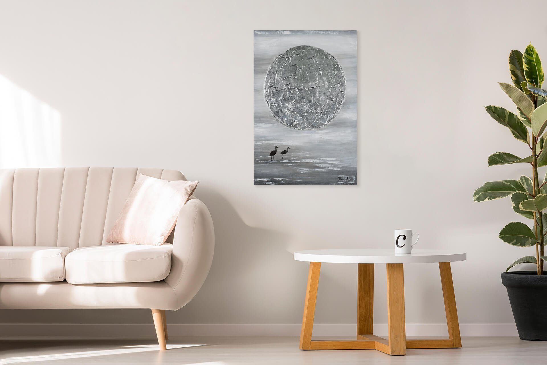 KUNSTLOFT Gemälde Wandbild Wohnzimmer Moon 60x90 cm, Leinwandbild Silver HANDGEMALT 100