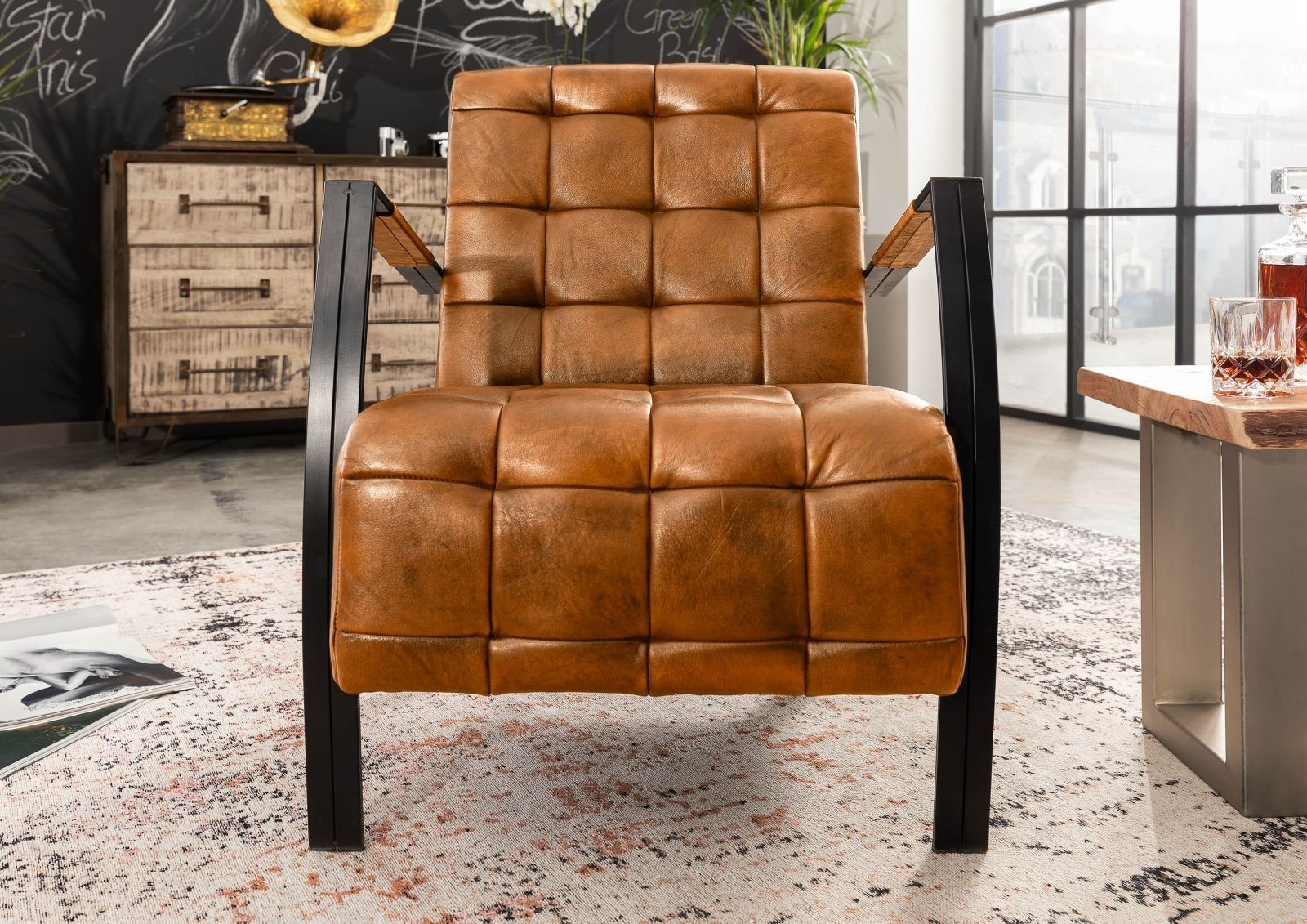 Massivmoebel24 Sessel IRON LABEL (Sessel Echtleder 64x76x83 cognac IRON LABEL #13), Sessel Echtleder 64x76x83 cognac IRON LABEL #13