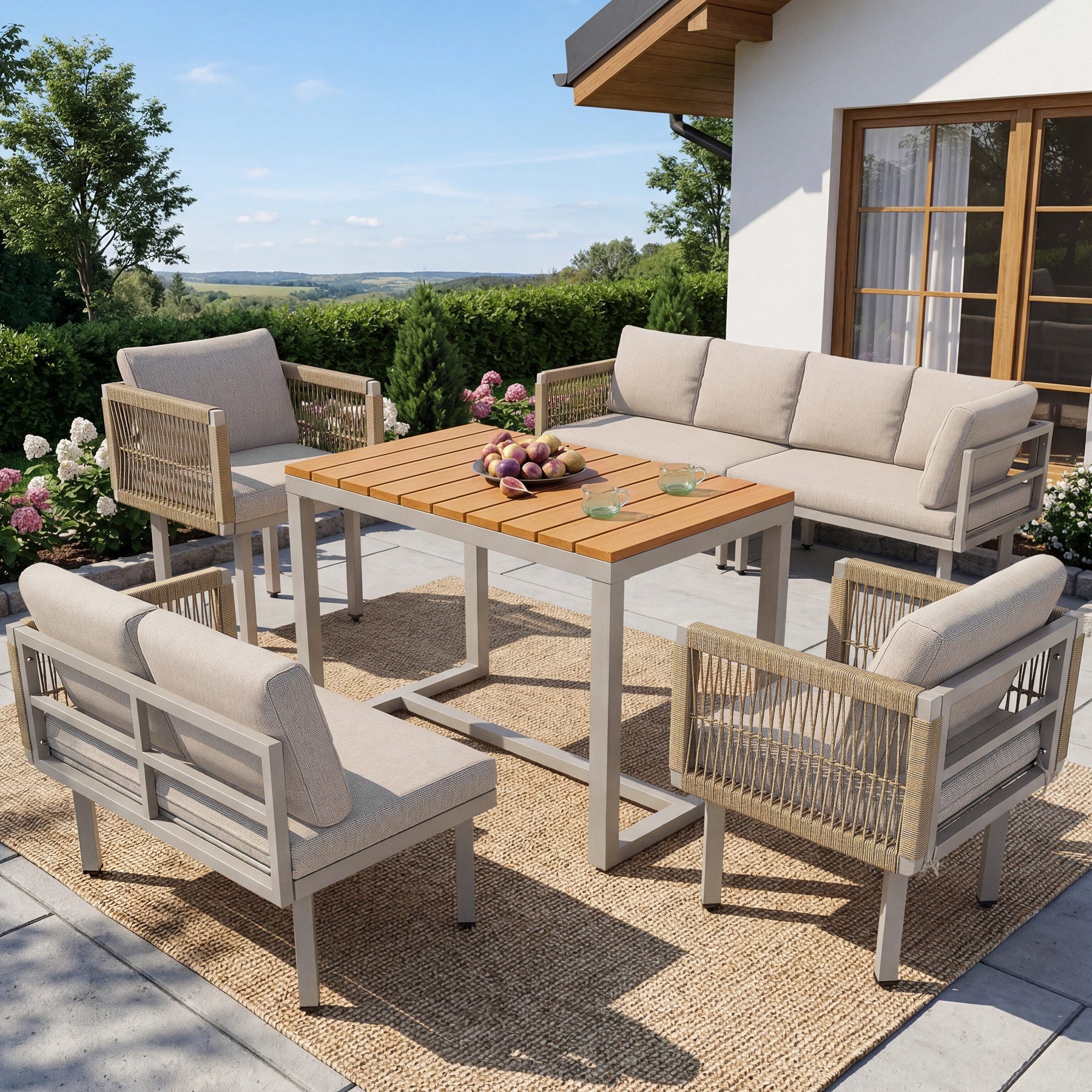 OKWISH Gartenlounge-Set für Balkon, Terrasse und Garten, (Ecksofa mit 2 Sesseln & Tisch, wetterfestes Stahlgestell, Seilgeflecht-Design, 5-tlg), mit Relaxfunktion
