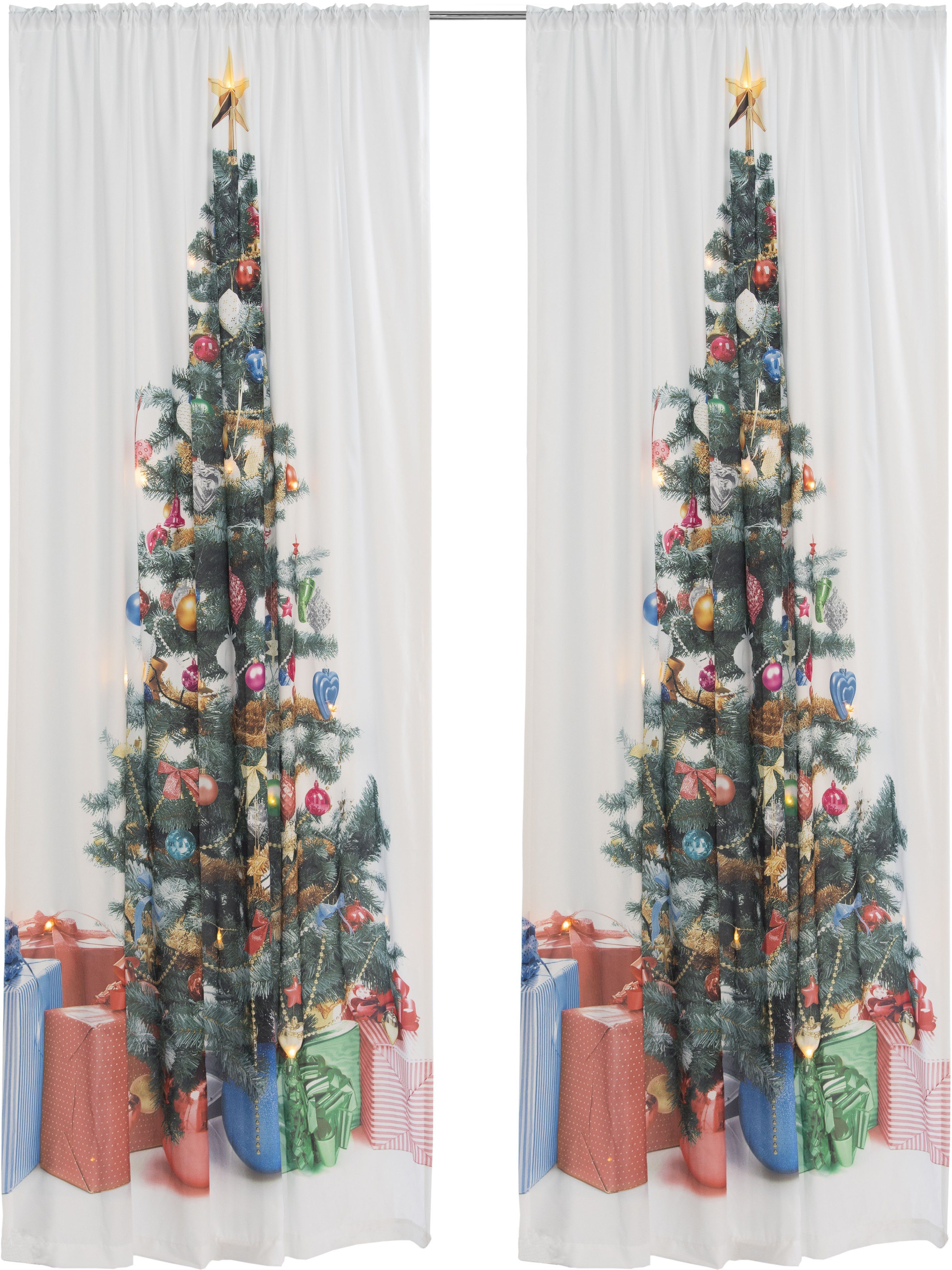 my home, W/LED, Blickdicht, blickdicht, multi weihnachtlich, LED-Lichter HxB: 230x140, 15 (1 Tannenbaum, Stangendurchzug St), Xmas Vorhang Tree
