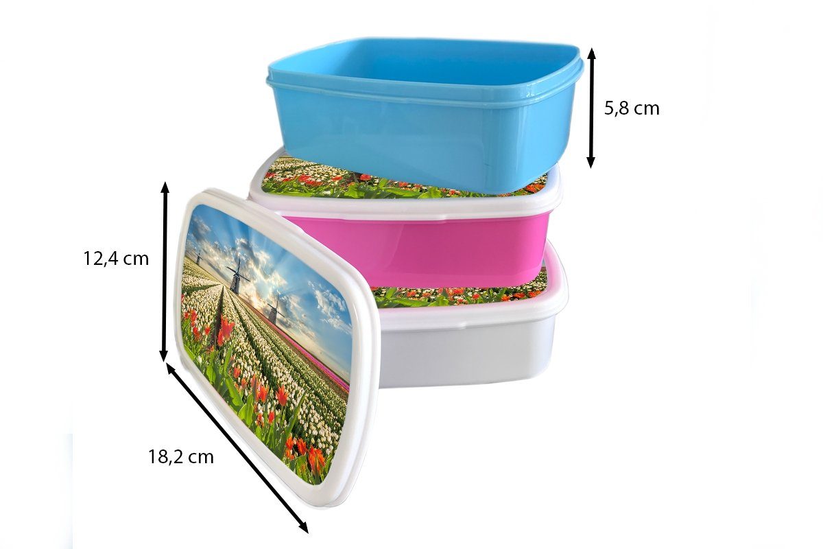 MuchoWow Lunchbox Windmühle Kinder - und Mädchen Natur, (2-tlg), Jungs und Erwachsene, Brotdose, für Tulpen weiß für Kunststoff, Brotbox - - Himmel