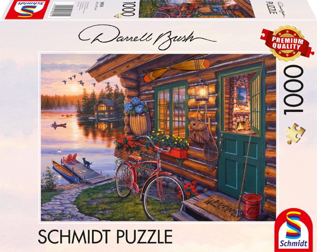 Puzzle 1000 Teile Puzzle Darrel Bush Seehütte mit Fahrrad 58531