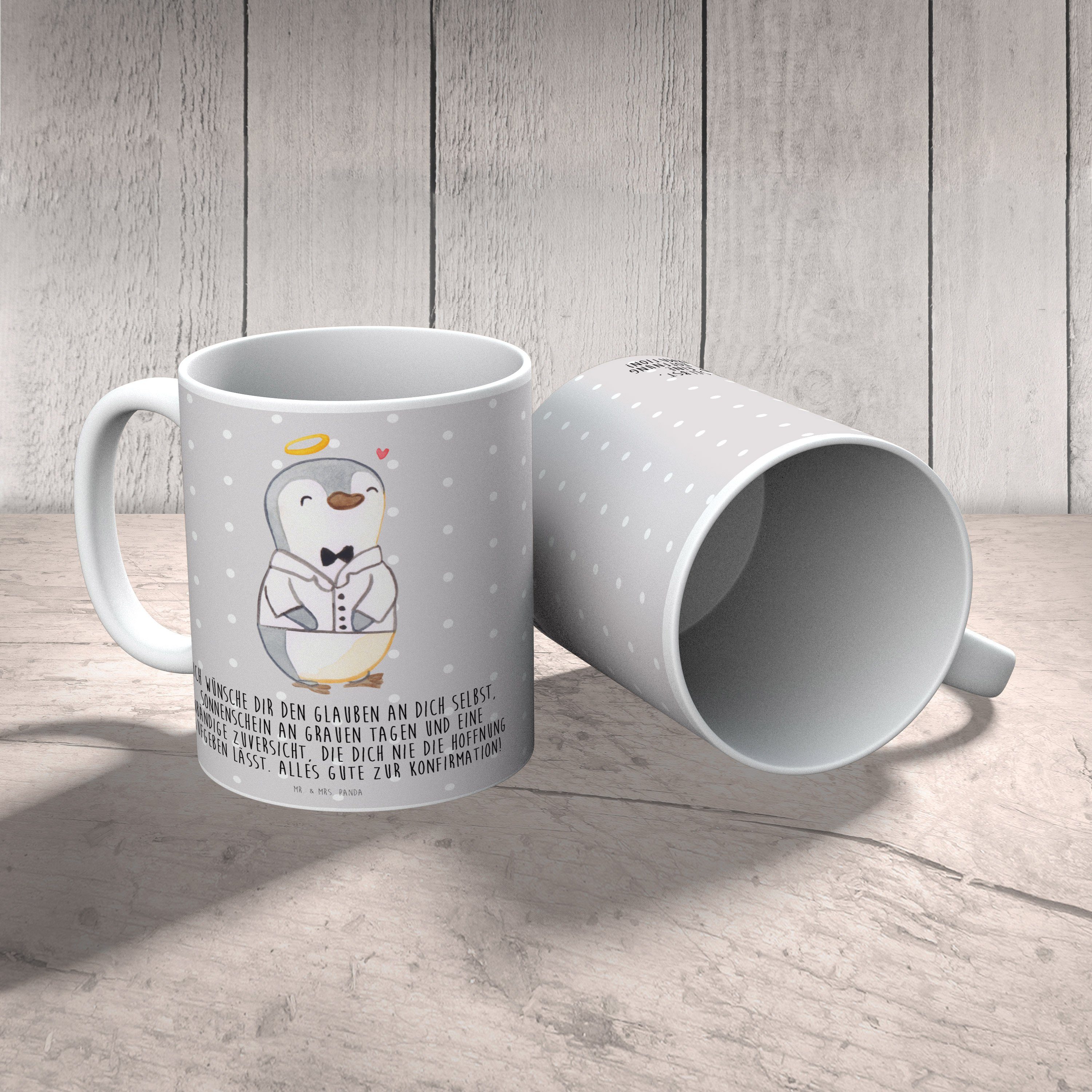 Keramik Konfirmation - Tasse, Geschenk, Tasse - Mr. Teebecher, & Hemd Mrs. Pastell Panda Grau Pinguin