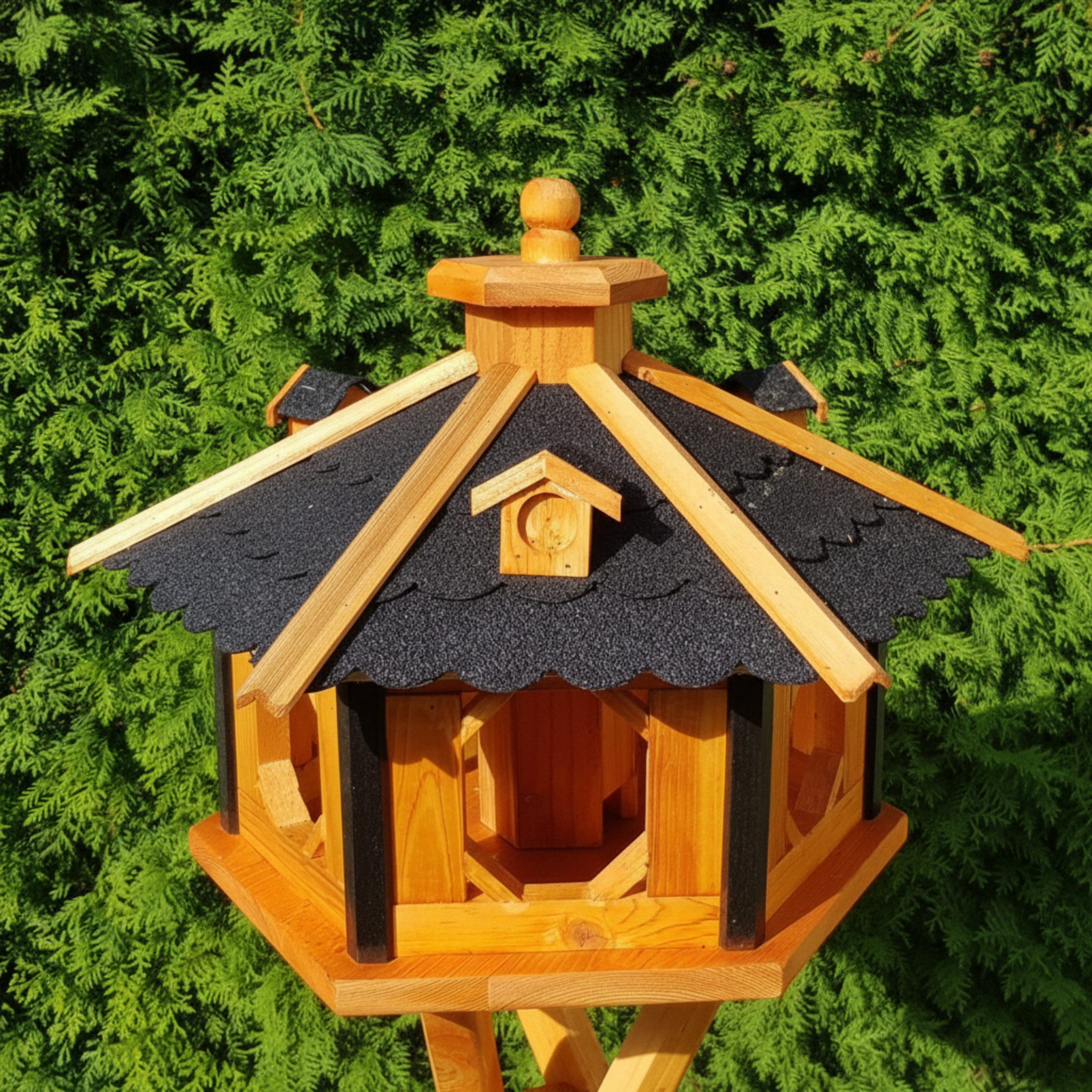 Holzdekoladen Vogelhaus XL Vogelhaus mit Futterautomat – optional mit Ständer & Solarlicht