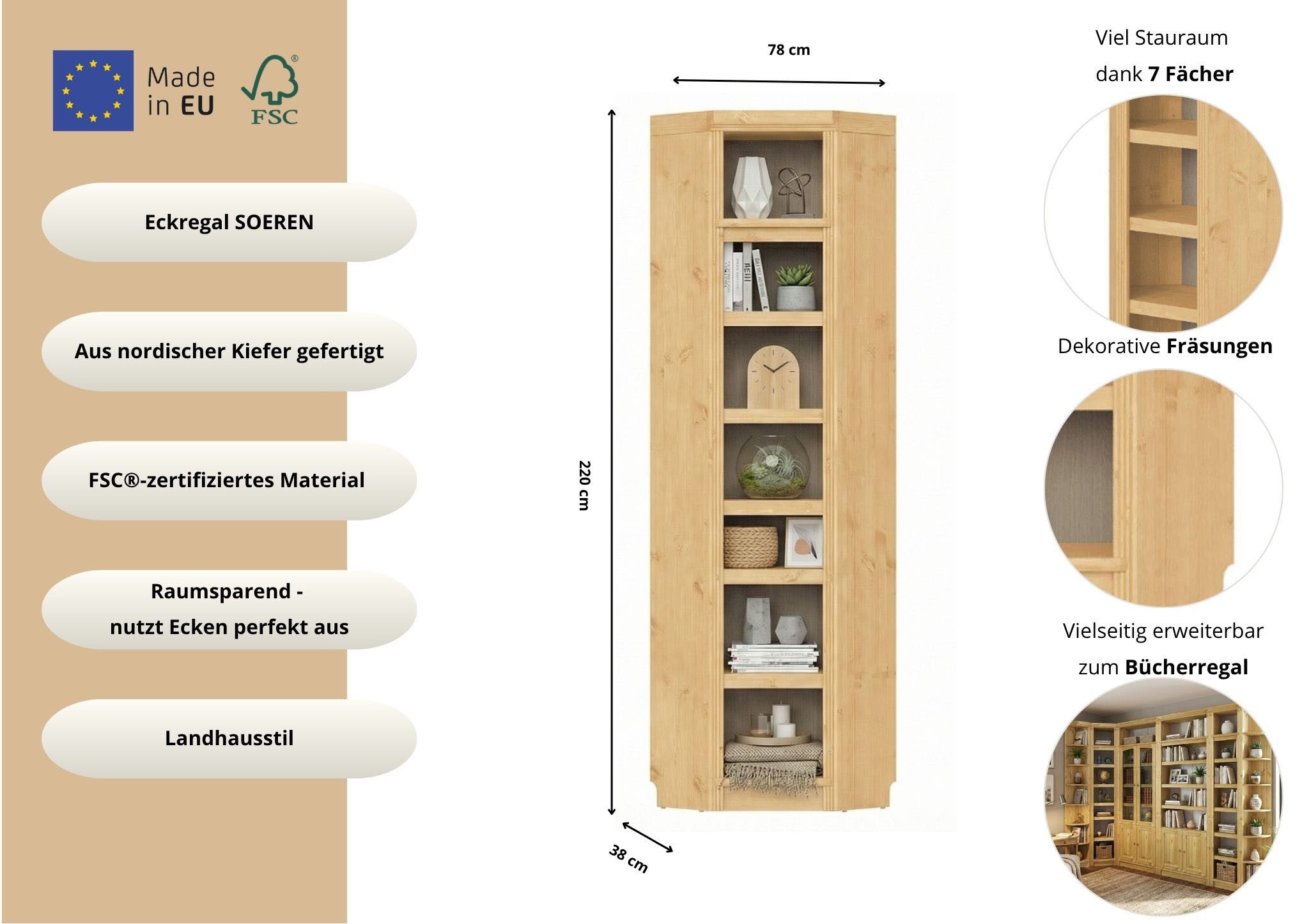 OTTO home Eckregal Soeren Regal Höhe 220 cm, massive Kiefer, FSC®-zertifiziert, passend für Regale Soeren mit einer Tiefe von 29 cm