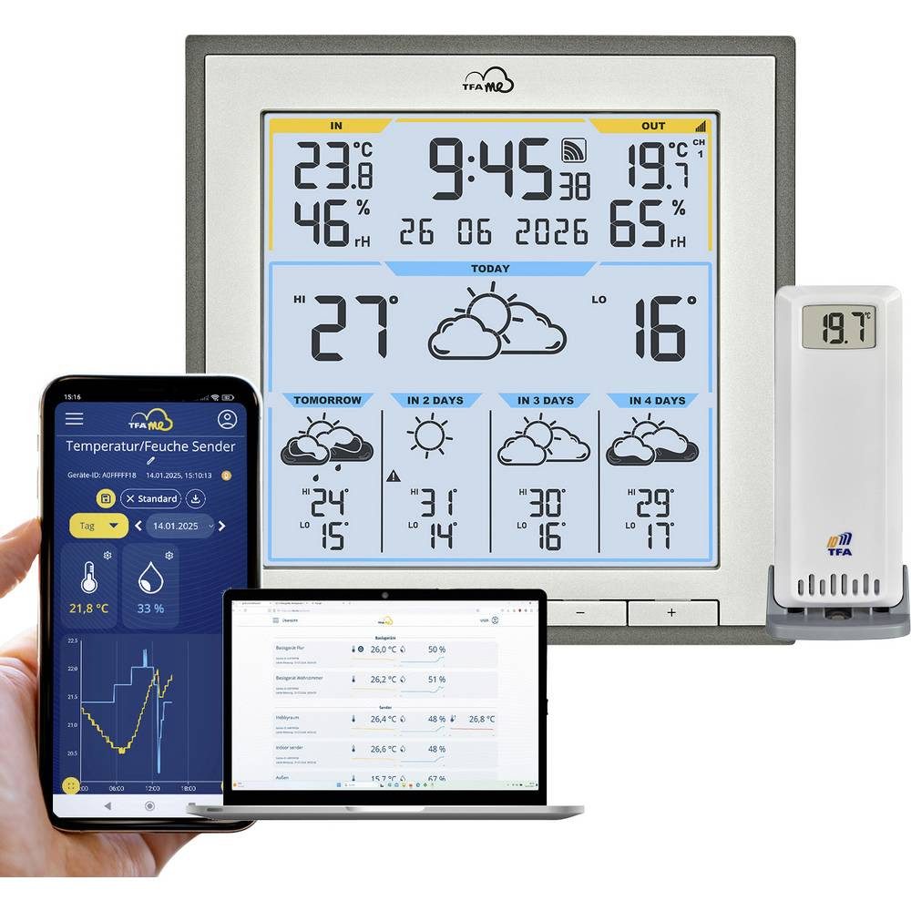 TFA Dostmann TFA.me ID-08 WLAN-Wetterstation Vorhersage für 5 Tage Anzahl Sensoren Wetterstation