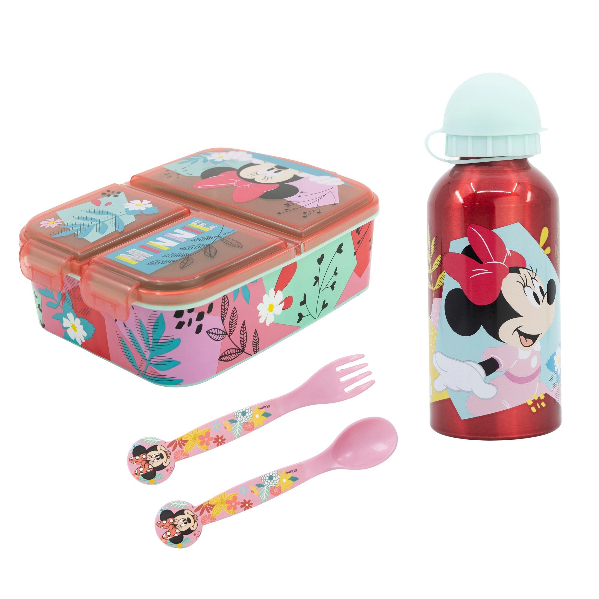 Disney Lunchbox Disney Minnie Maus 4 teiliges Kinder Lunch Set, Kunststoff Alu, (4-tlg), Brotdose Alu-Trinkflasche - Löffel Gabel