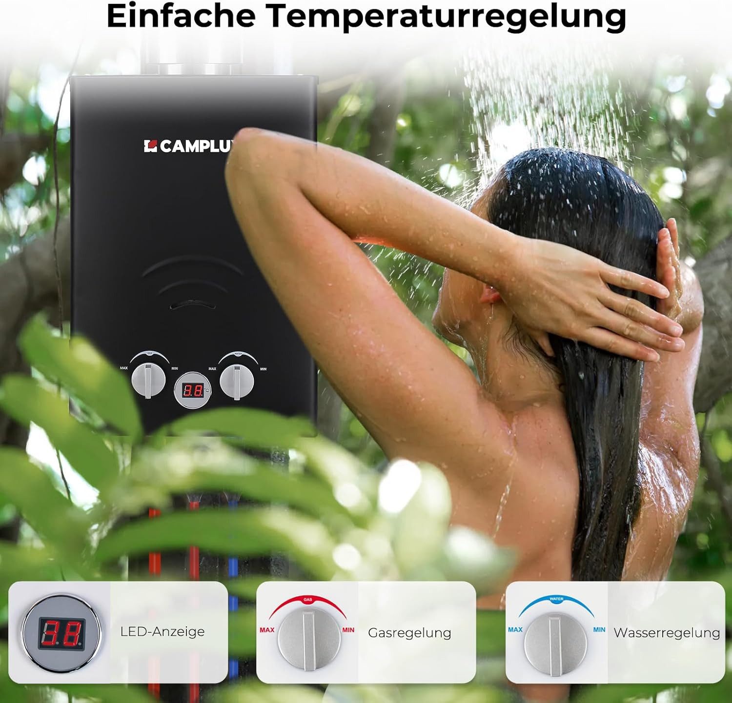 CAMPLUX Durchlauferhitzer Tankless Gasdurchlauferhitzer Campingdusche, min. 20 °C, max. 65 °C, 12 kW LPG Warmwasserbereiter Wasserspeicher Outdoor – Bild 4 von 5