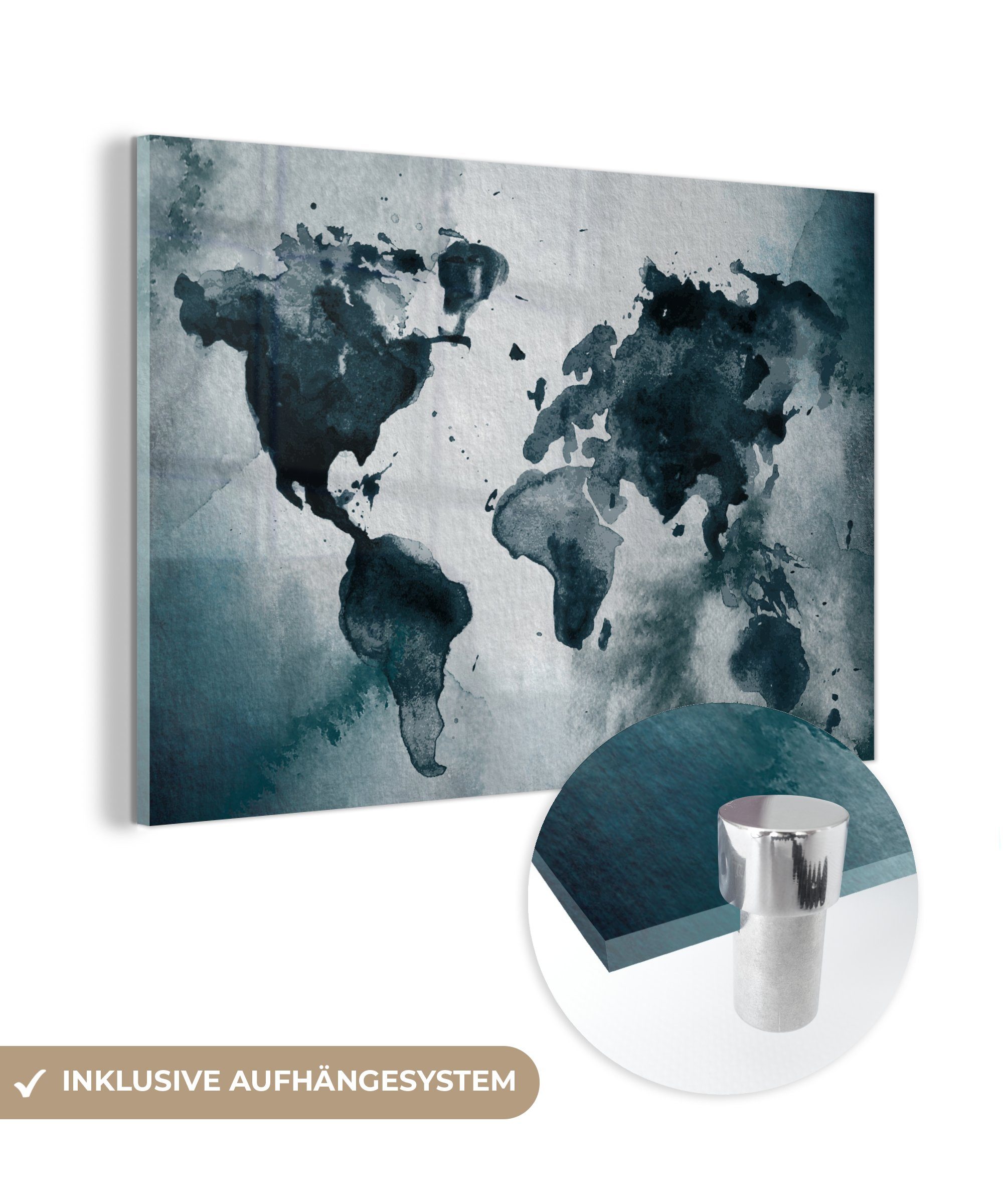 MuchoWow Acrylglasbild Weltkarte - Abstrakt - Aquarell, (1 St), Glasbilder - Bilder auf Glas Wandbild - Foto auf Glas - Wanddekoration | Bilder