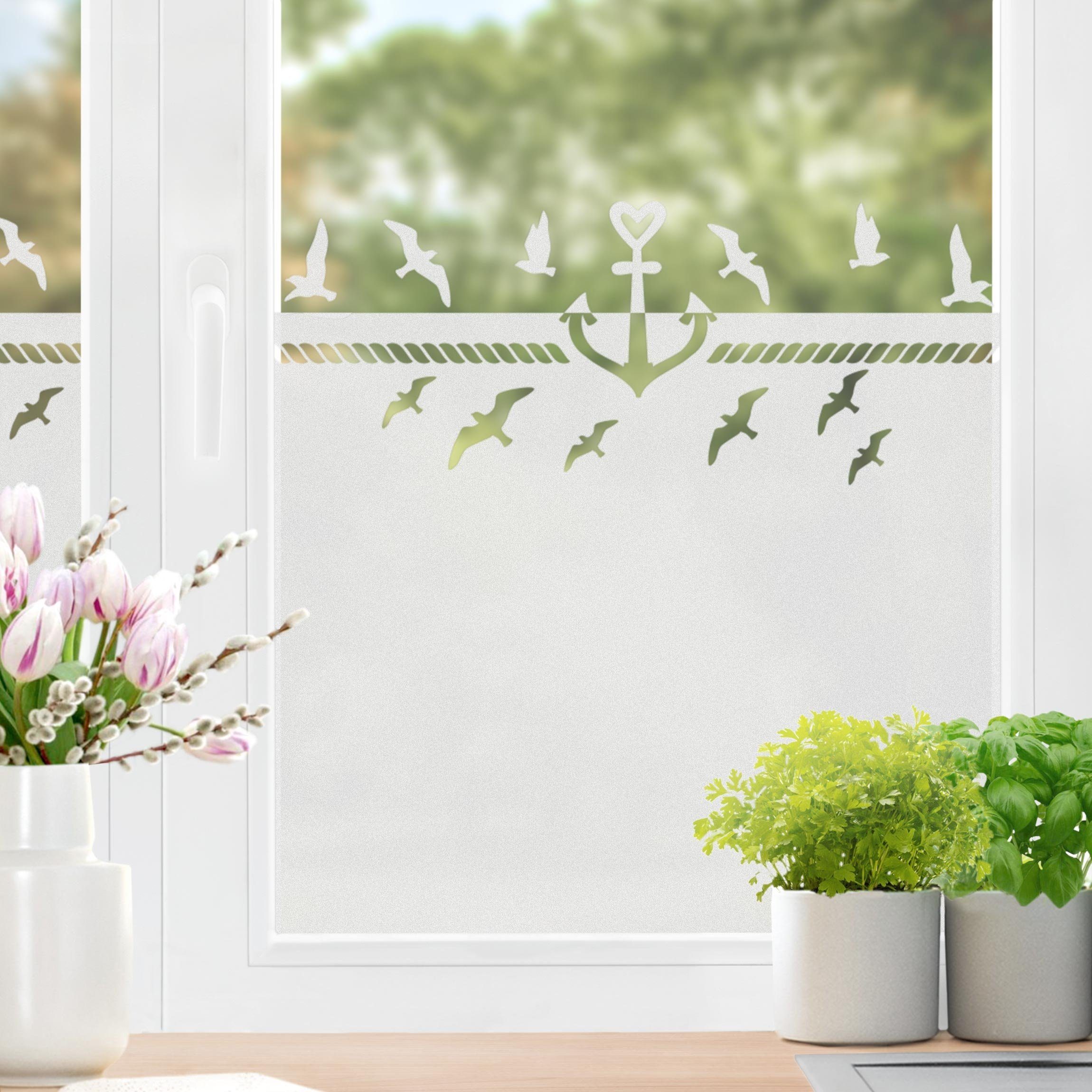 Bilderdepot24 Fensterfolie statisch haftend Motiv Fensterdeko Herz Anker Maritim Meer Strand, blickdicht, Innen Fenster Tür Balkontür Küche Badezimmer Wohnzimmer Schlafzimmer